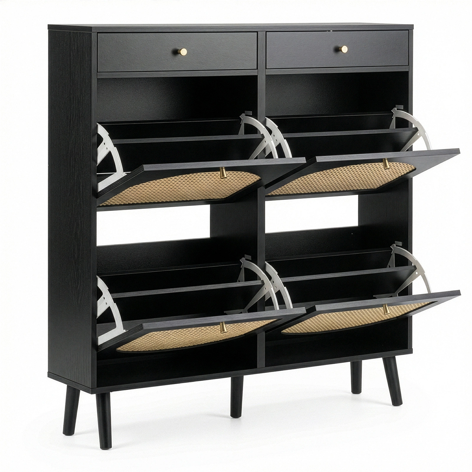 Rattan shoe cabinet with 2 drawers and 4 flip-tops, made of particleboard, 105*24*110cm, black view 2