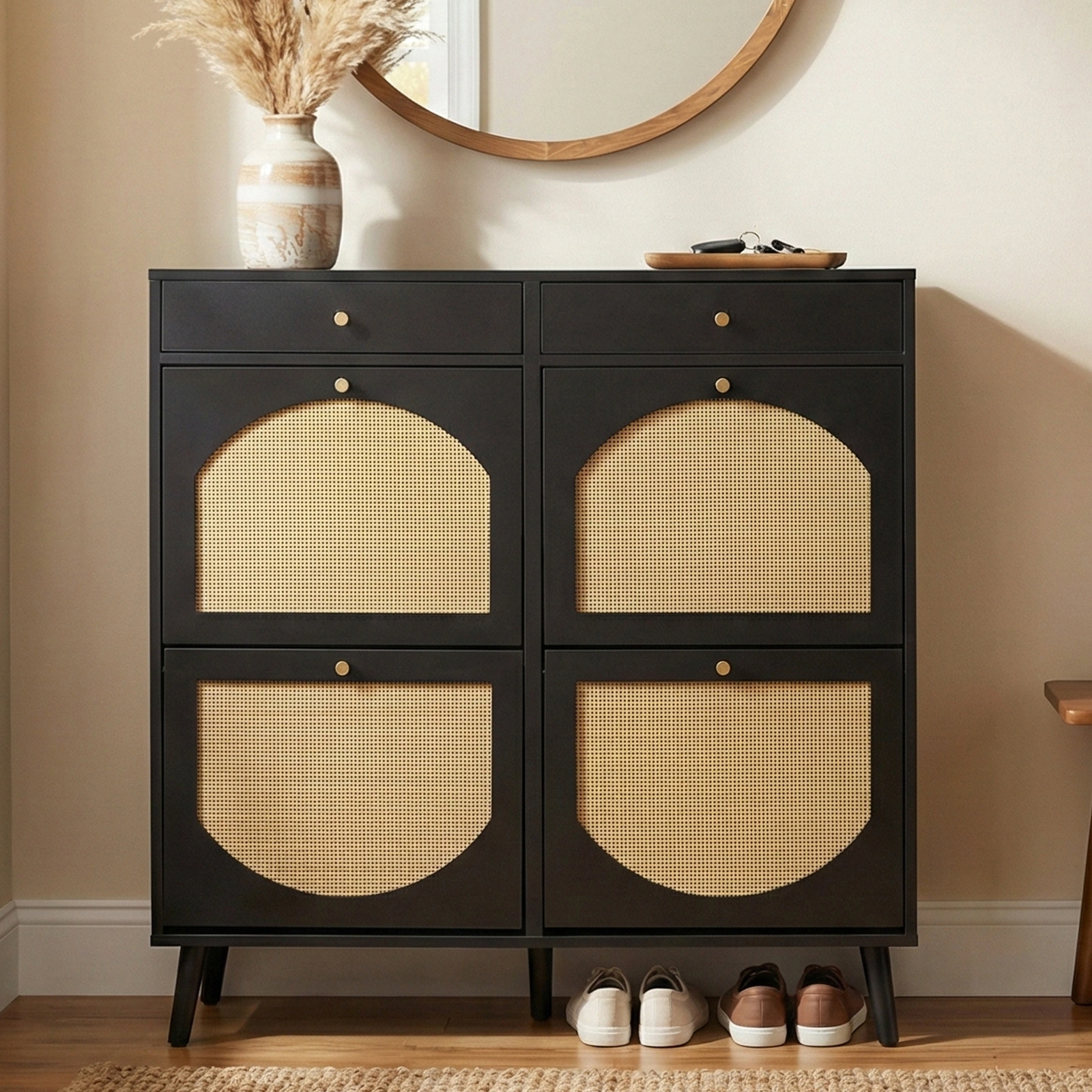 Rattan shoe cabinet with 2 drawers and 4 flip-tops, made of particleboard, 105*24*110cm, black view 5