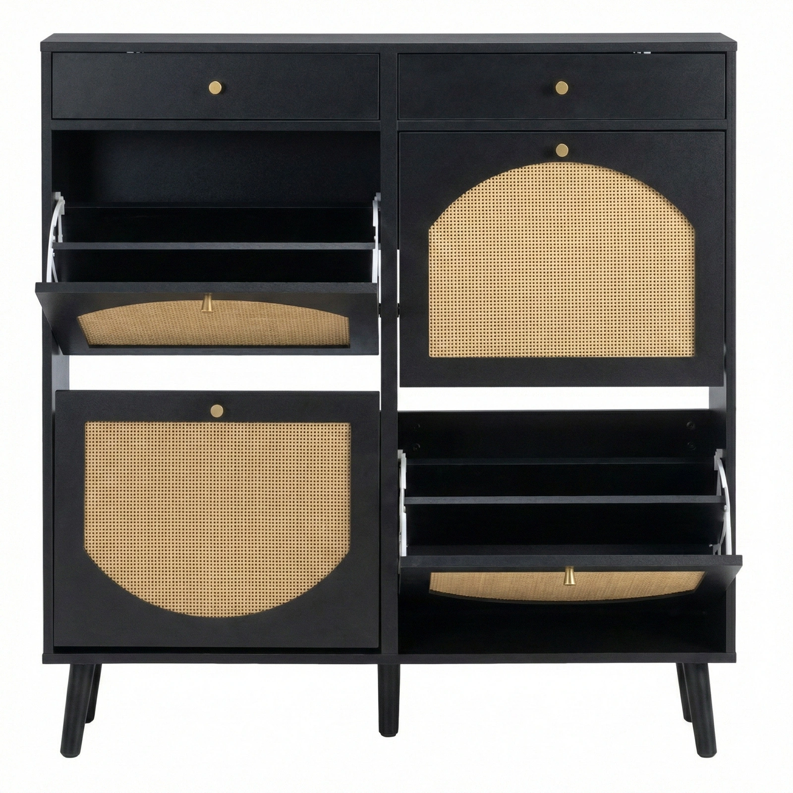 Rattan shoe cabinet with 2 drawers and 4 flip-tops, made of particleboard, 105*24*110cm, black view 9