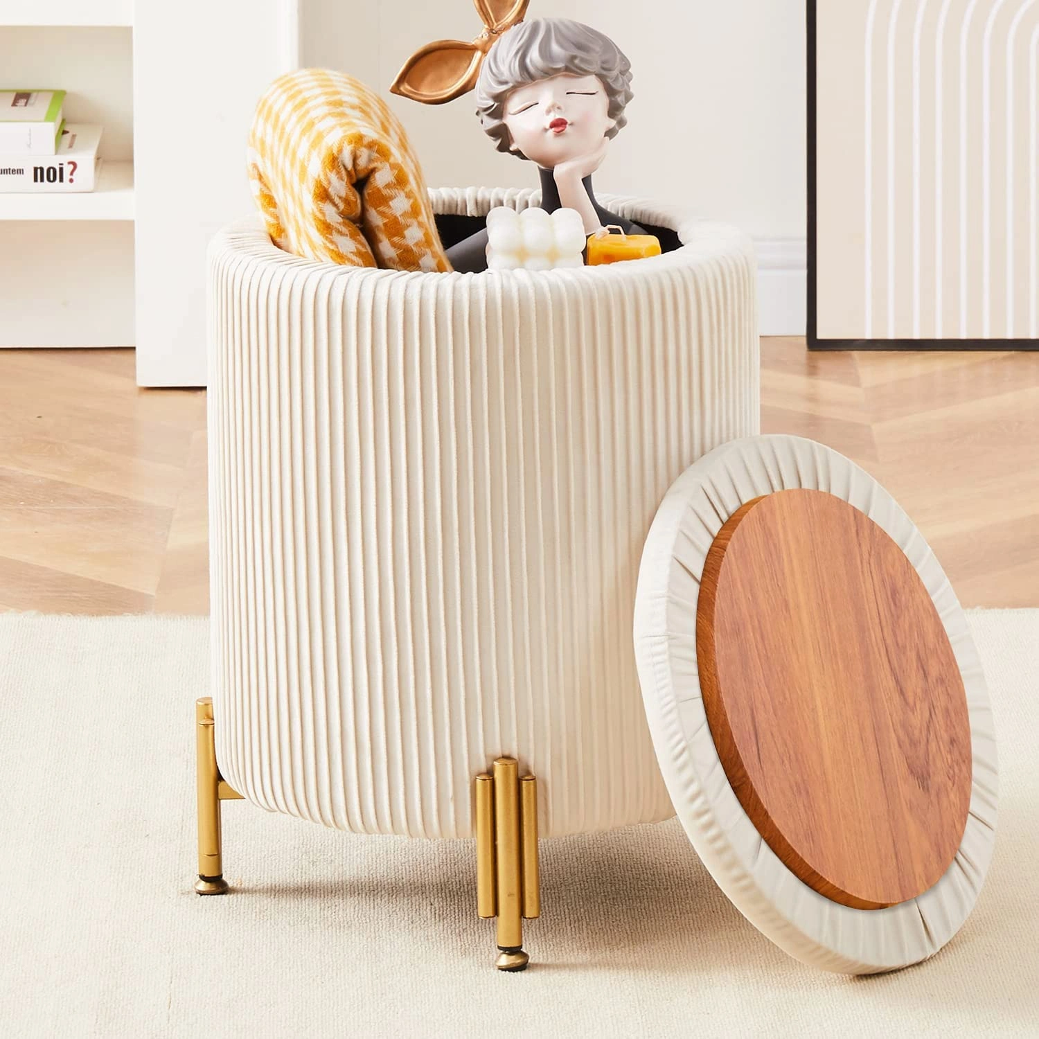 Round Ottoman Foot Stool with Storage, 23Qt Capacity Velvet Vanity Stool Chair, 300lbs Support Metal Legs, Cream