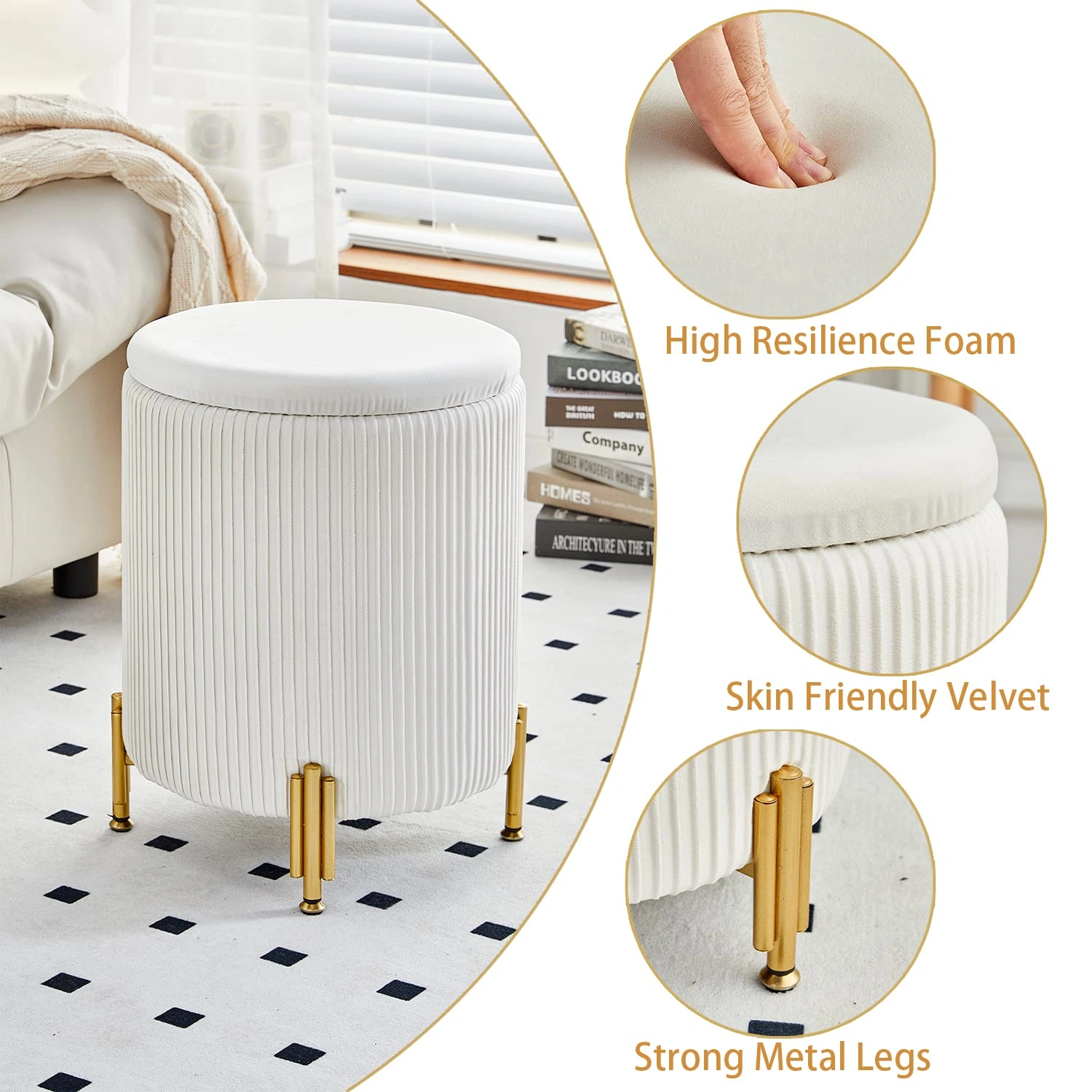 Round Ottoman Foot Stool with Storage, 23Qt Capacity Velvet Vanity Stool Chair, 300lbs Support Metal Legs, Cream view 2