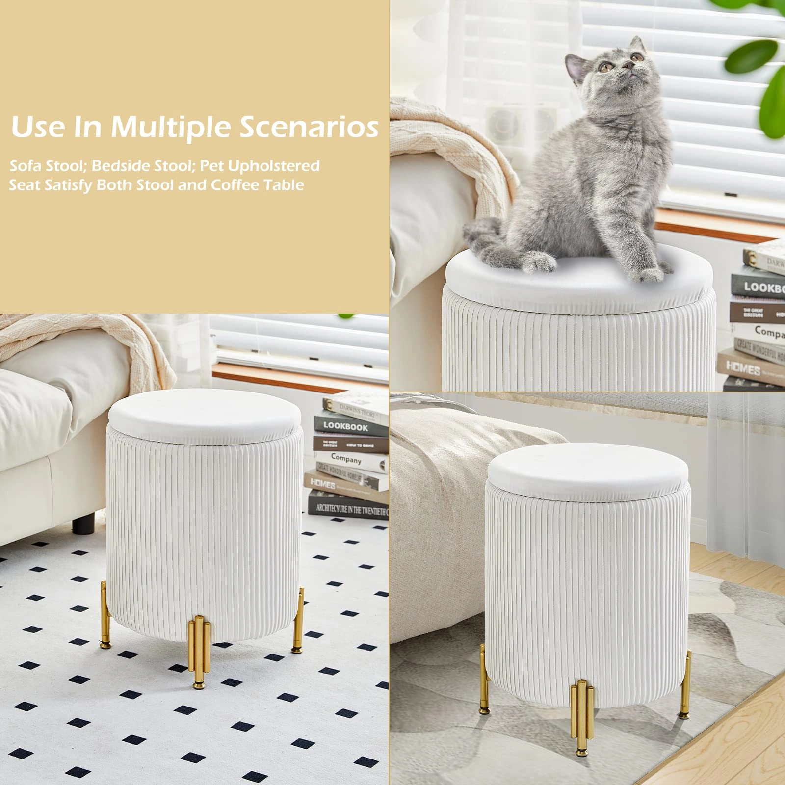 Round Ottoman Foot Stool with Storage, 23Qt Capacity Velvet Vanity Stool Chair, 300lbs Support Metal Legs, Cream view 3