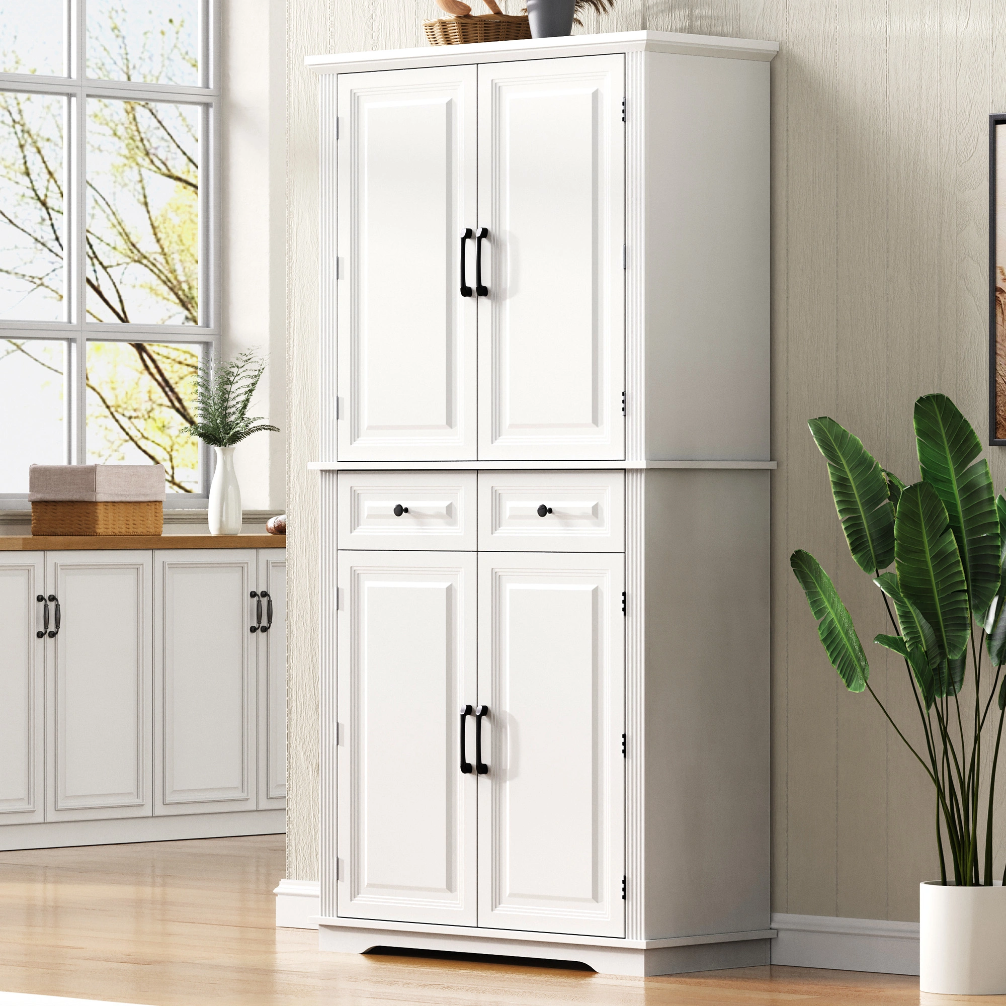 K&K 71" Tall Kitchen Pantry Cabinet with 3 Pull Out Cabinet Organizers, Farmhouse Embossed Texture Storage Cabinet with 6 Door Shelves, 2 Drawers, Freestanding Cupboard for Kitchen, Dining Room White view 9