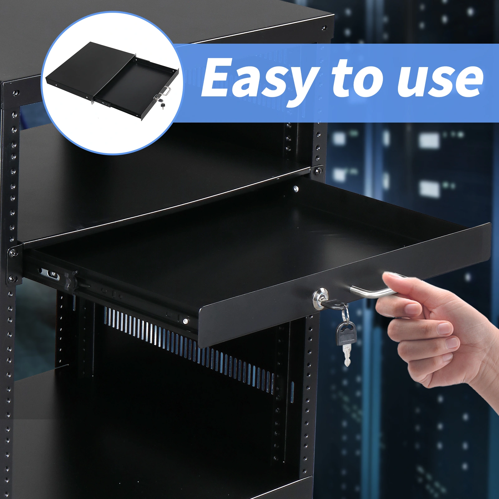 19" 1U Steel Plate DJ Drawer Equipment Cabinet with Keys Black view 7