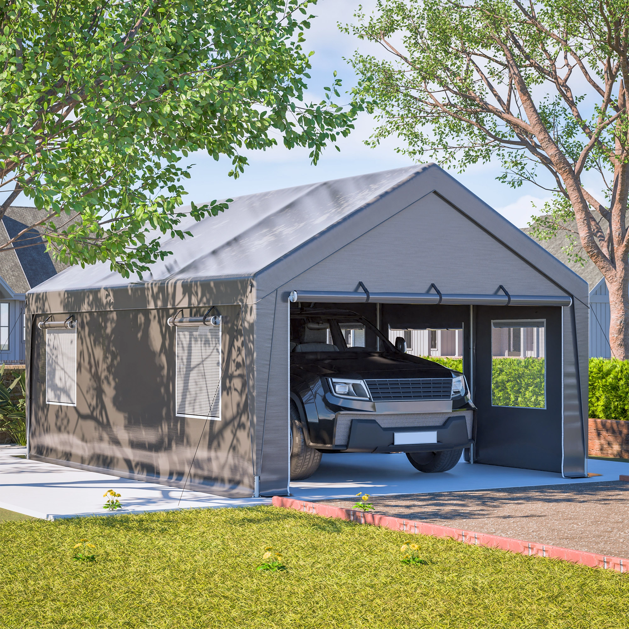 13x20 FT Heavy Duty Carport, Outdoor Garage with Roll-Up Mesh Windows & Side Door, Waterproof UV Resistant Steel Frame for Car Boat Motorcycle