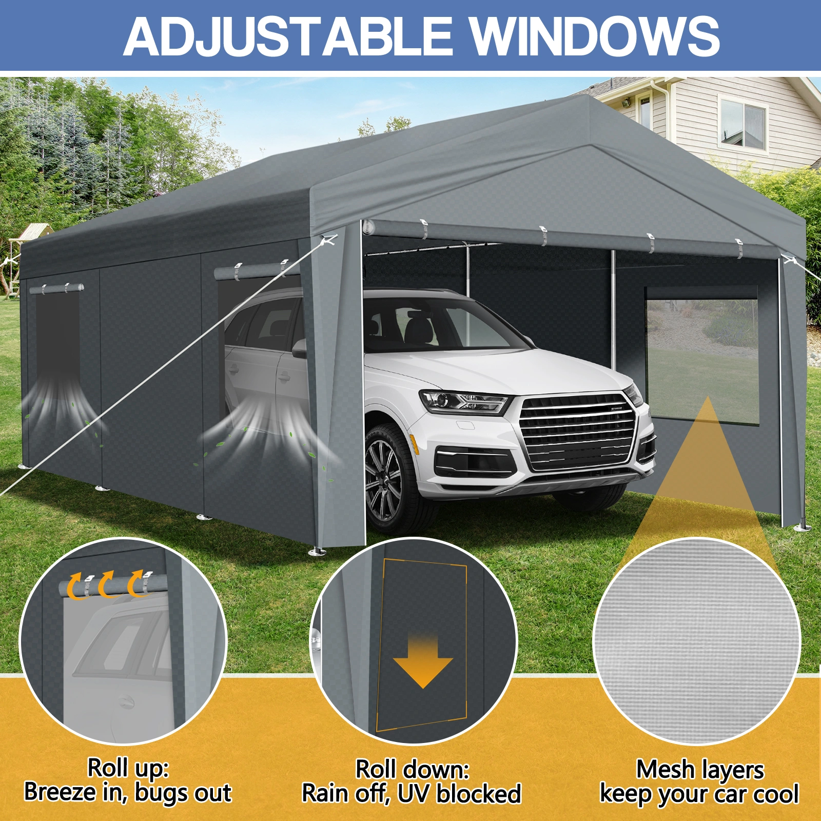 12x20 ft Carport Car Port Canopy Grey view 12