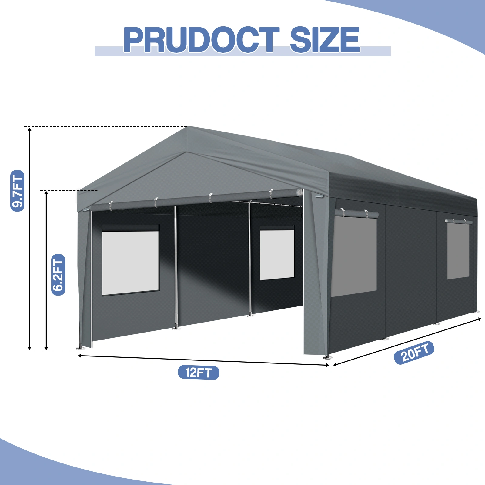 12x20 ft Carport Car Port Canopy Grey view 7