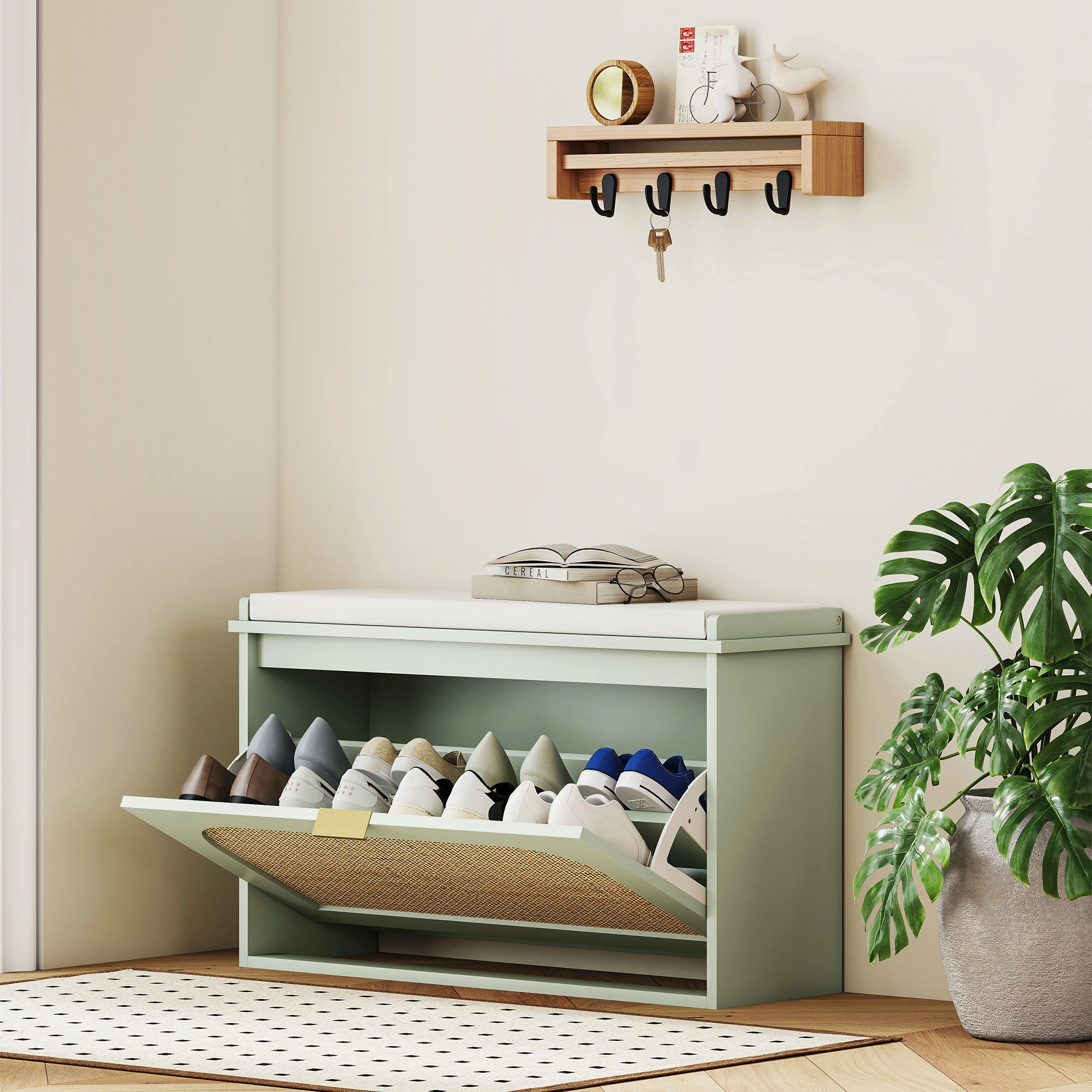 Shoe Storage Cabinet 4-Tier, 16 Pair Capacity, Freestanding Entryway Organizer with Doors, Engineered Wood, White/Natural/Gray