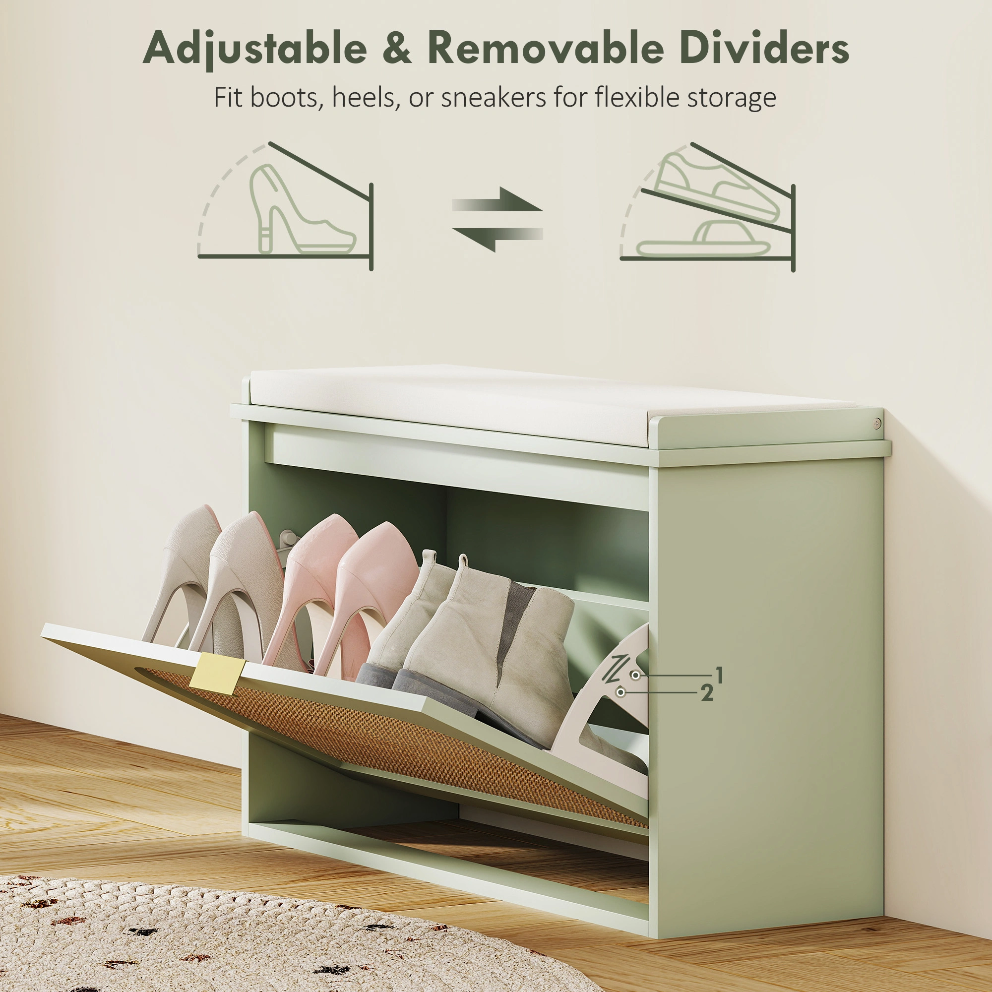 Shoe Storage Cabinet 4-Tier, 16 Pair Capacity, Freestanding Entryway Organizer with Doors, Engineered Wood, White/Natural/Gray view 3