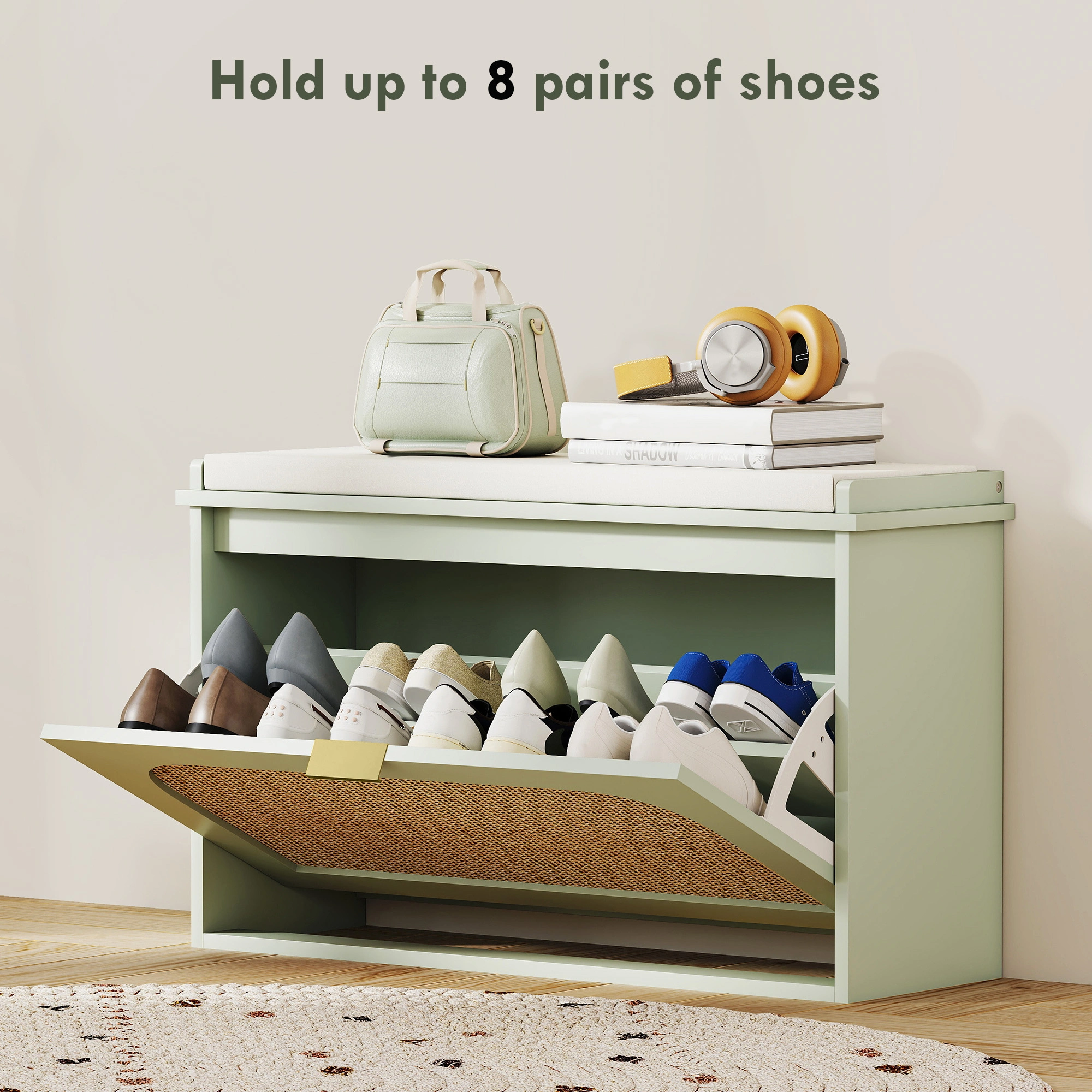 Shoe Storage Cabinet 4-Tier, 16 Pair Capacity, Freestanding Entryway Organizer with Doors, Engineered Wood, White/Natural/Gray view 5