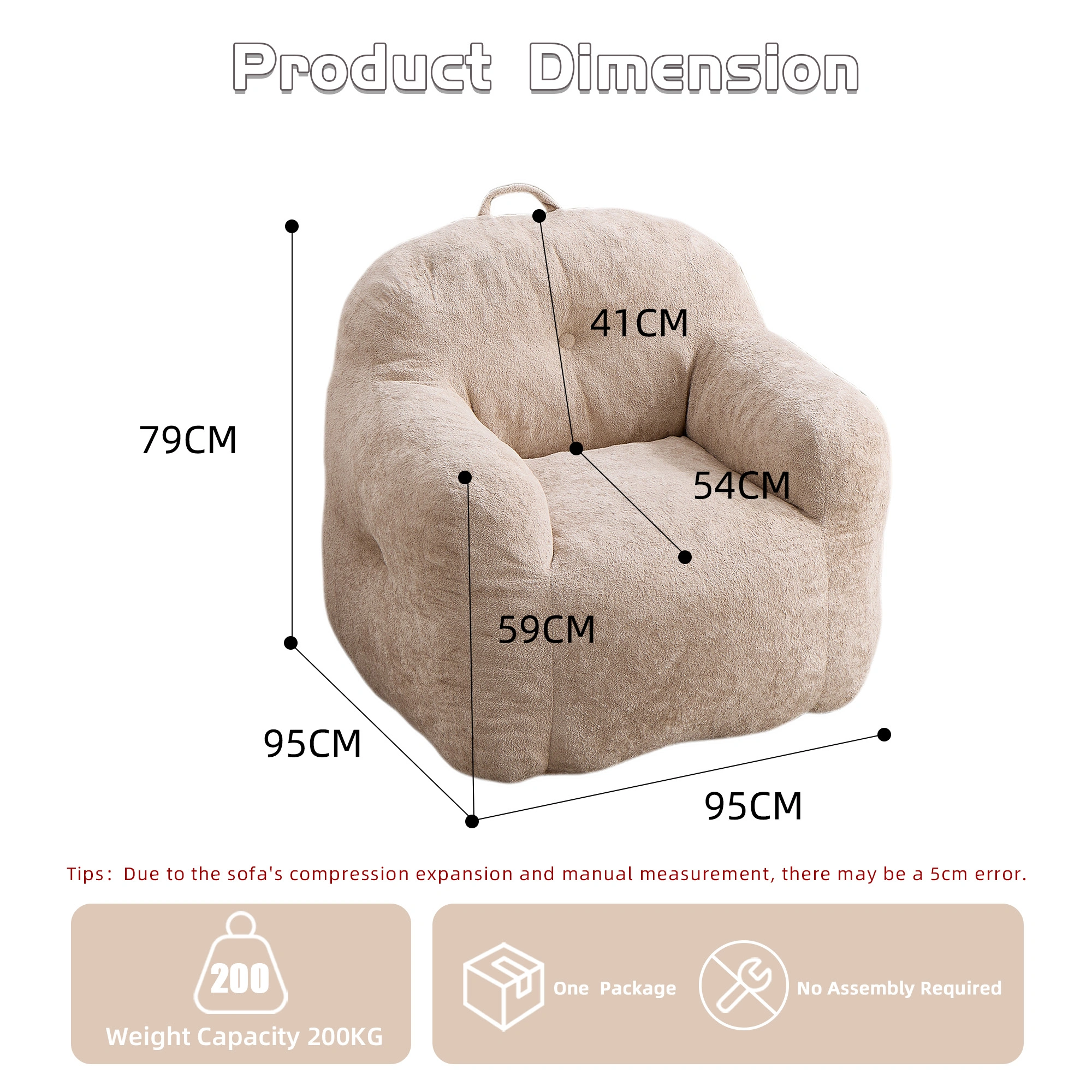 Faux Fur Bean Bag Chair with Armrests,Shredded Sponge Filler,Comfy Sofa for Living Room Bedroom No Assembly Required Beige view 3