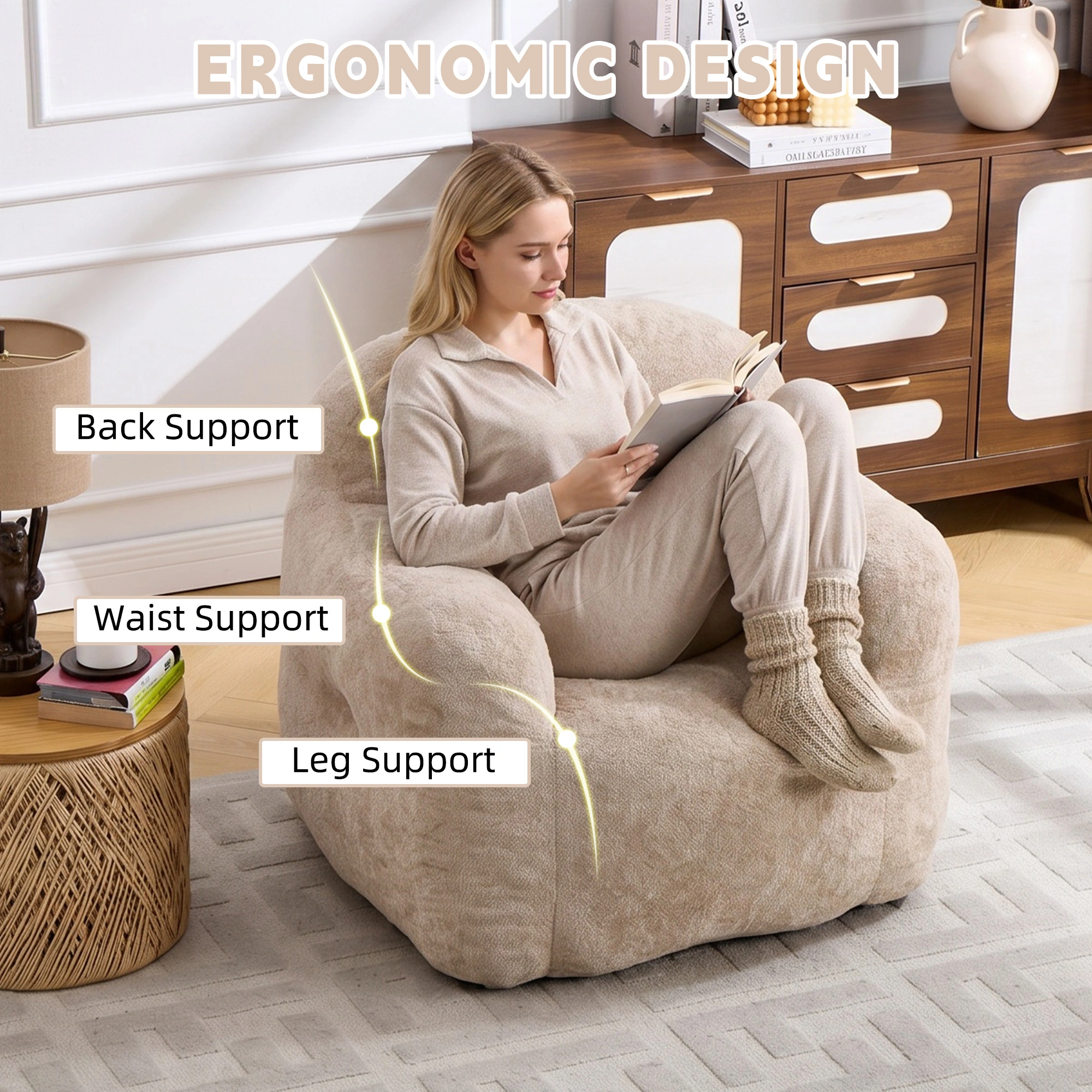 Faux Fur Bean Bag Chair with Armrests,Shredded Sponge Filler,Comfy Sofa for Living Room Bedroom No Assembly Required Beige view 5