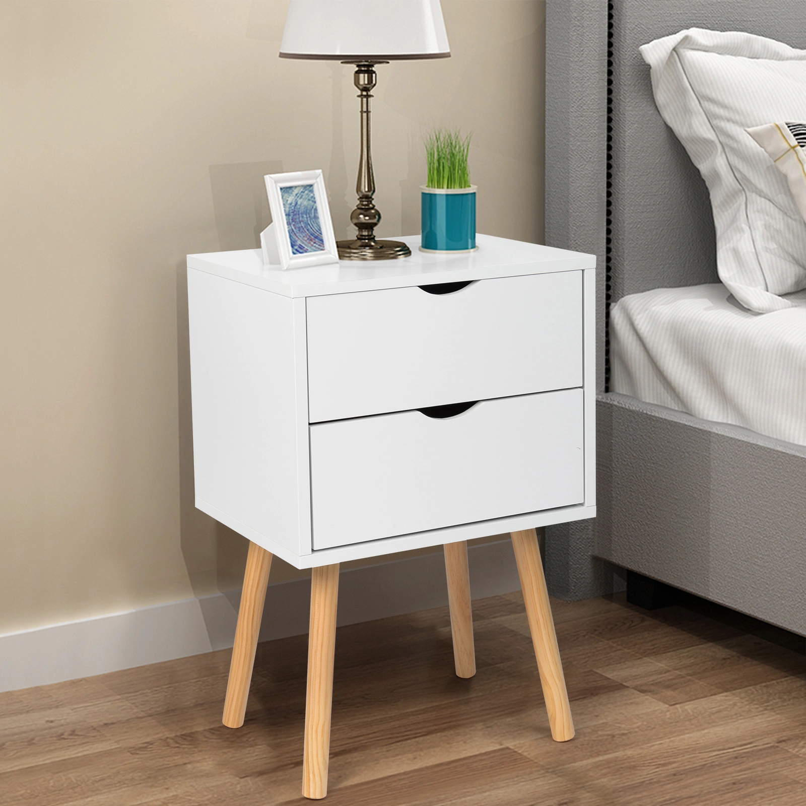 40x30x60cm Modern White Bedside Table with Wood Tone Legs Two Drawers MDF High Leg Nightstand