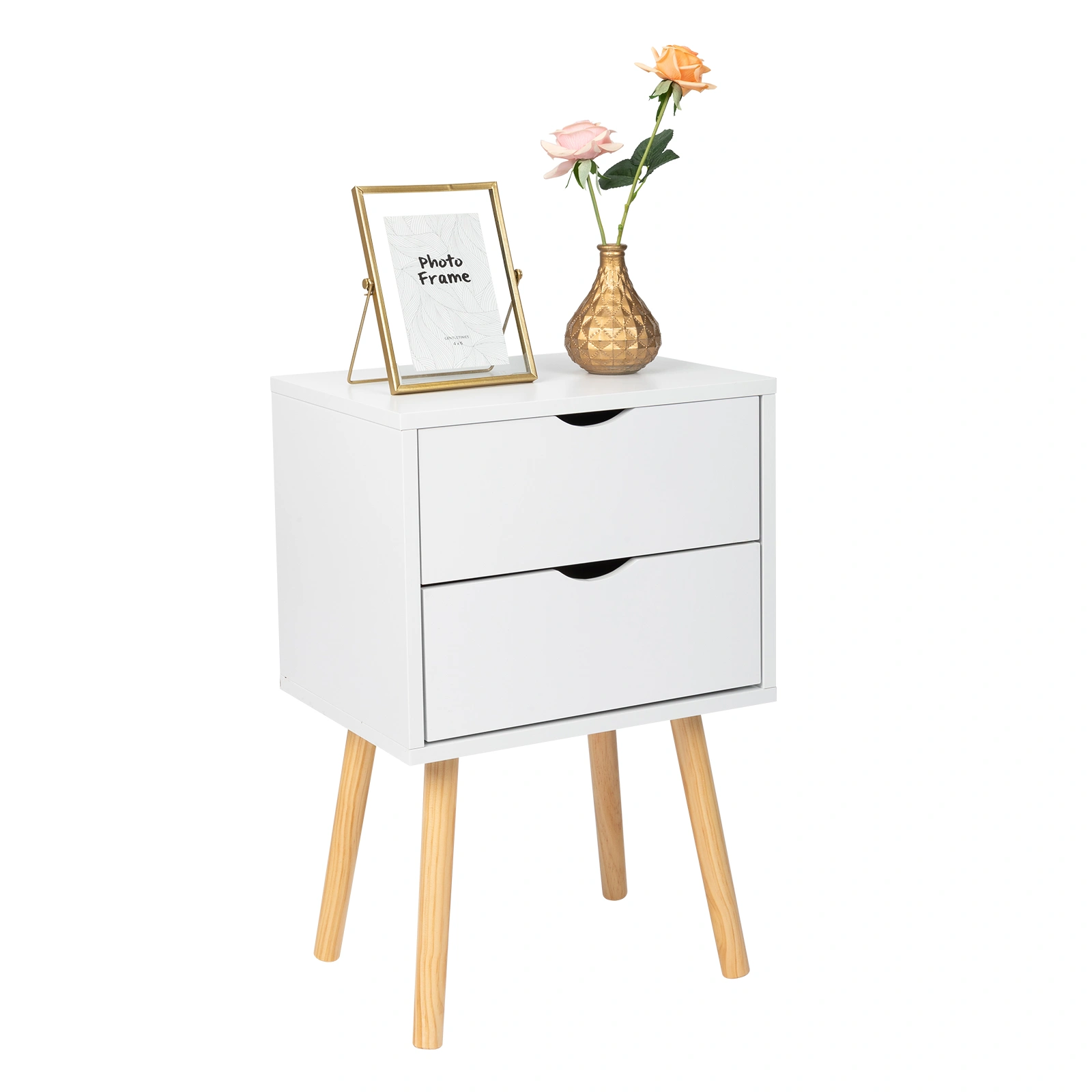 40x30x60cm Modern White Bedside Table with Wood Tone Legs Two Drawers MDF High Leg Nightstand view 3