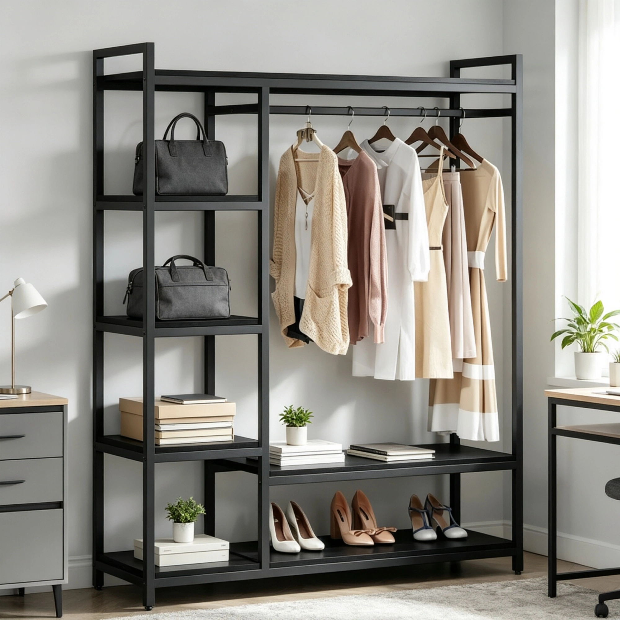 Freestanding Wardrobe Organizer with 6 Shelves & Hanging Rod, Adjustable Closet Storage Cabinet for Bedroom Living Room view 3