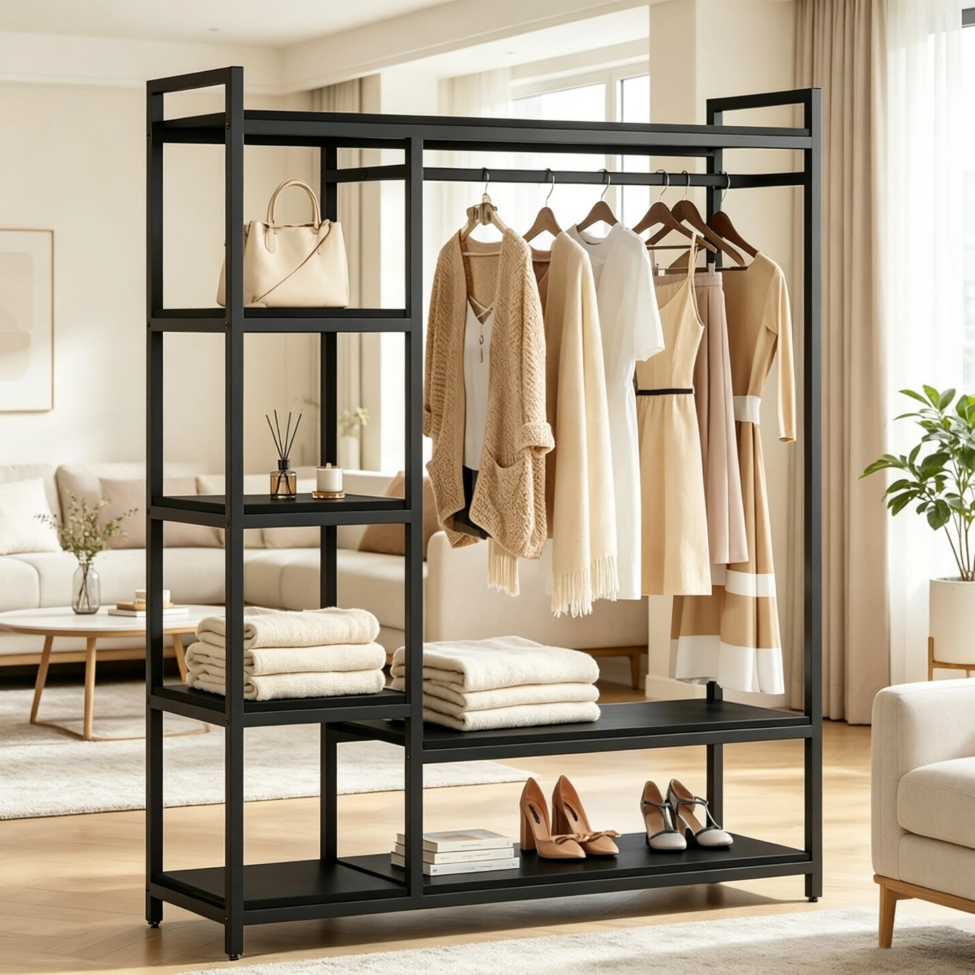 Freestanding Wardrobe Organizer with 6 Shelves & Hanging Rod, Adjustable Closet Storage Cabinet for Bedroom Living Room view 4