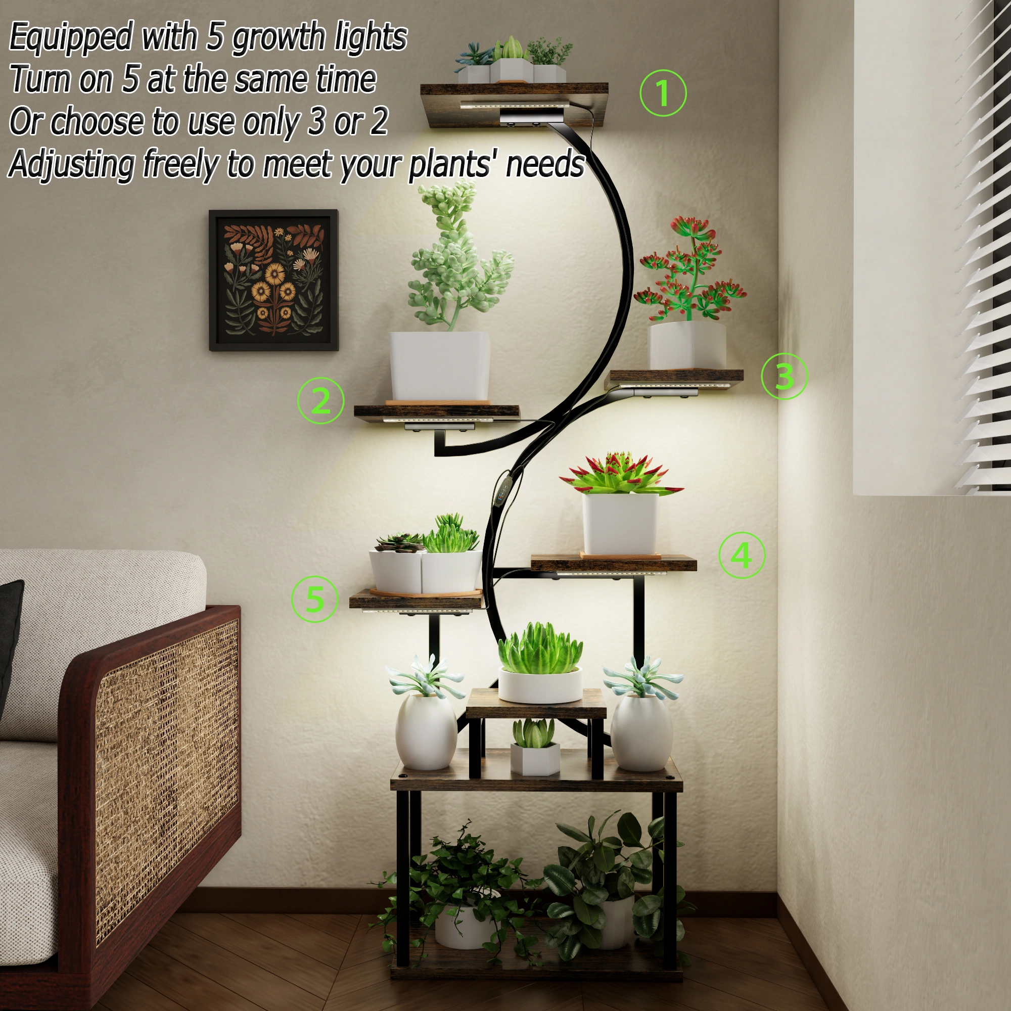 8-Tier Plant Stand with 5 Grow Lights, 10-Level Dimming, Thickened 0.8mm Steel Pipe for Indoor Living Room Garden Home view 12