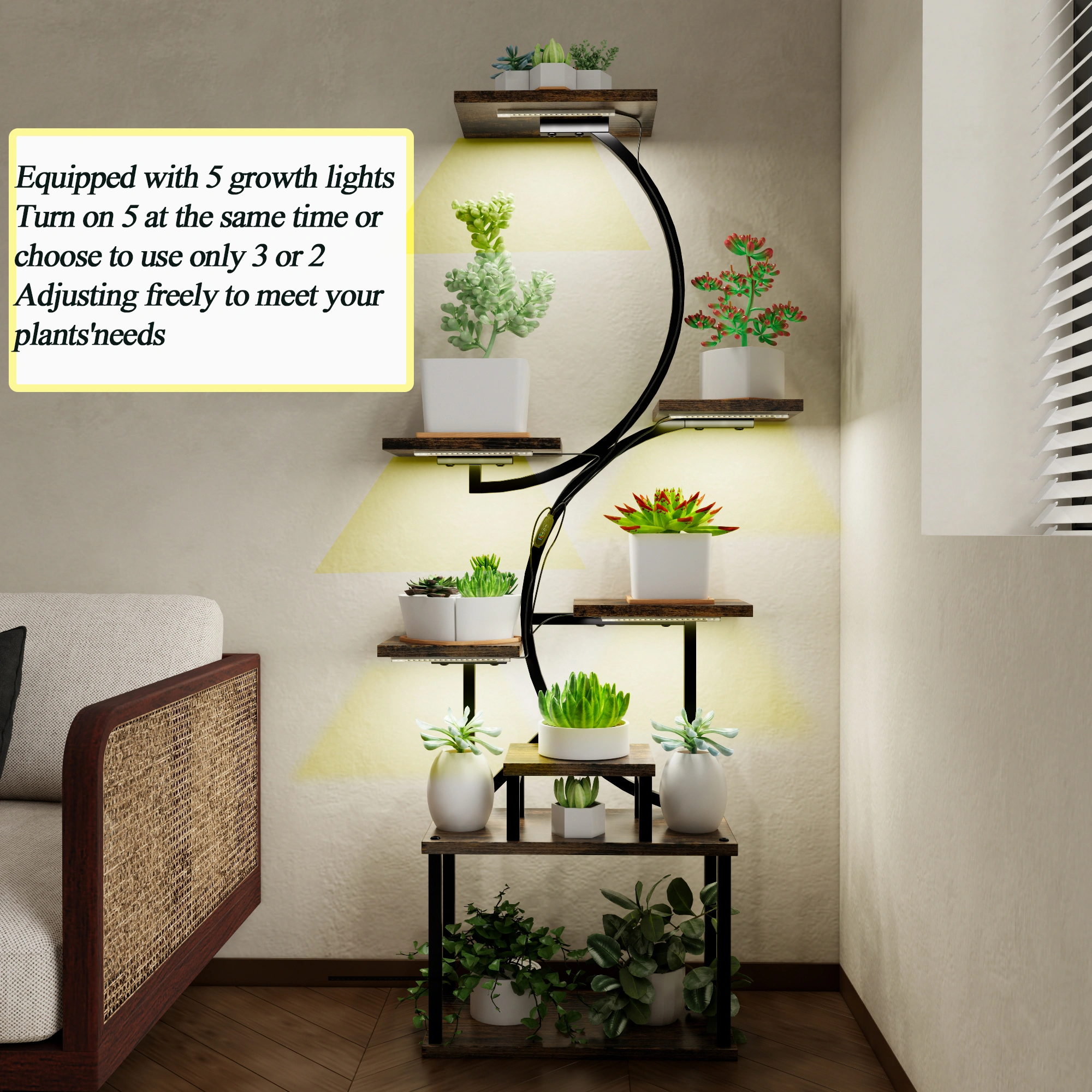 8-Tier Plant Stand with 5 Grow Lights, 10-Level Dimming, Thickened 0.8mm Steel Pipe for Indoor Living Room Garden Home view 14