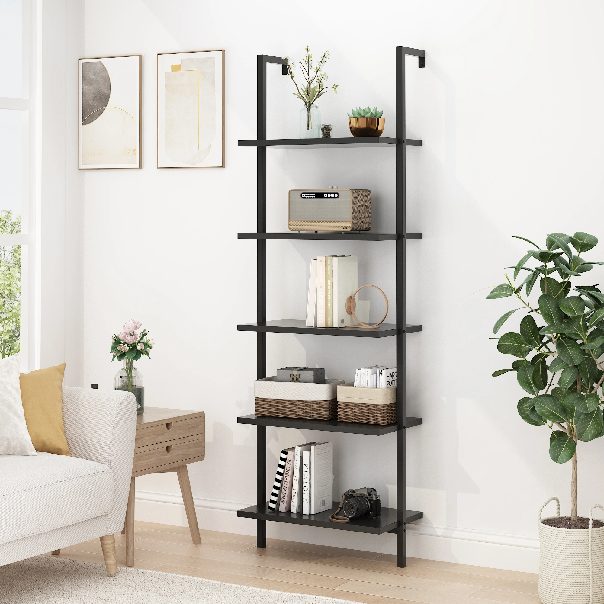 5-layer wall-mounted household steel-wood shelf, density board, iron frame, 61*30.5*182.88cm, black walnut color board, black frame view 11