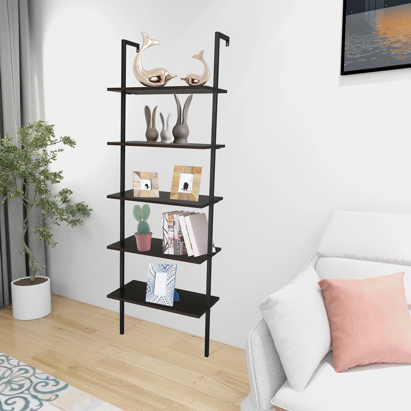 5-layer wall-mounted household steel-wood shelf, density board, iron frame, 61*30.5*182.88cm, black walnut color board, black frame view 14