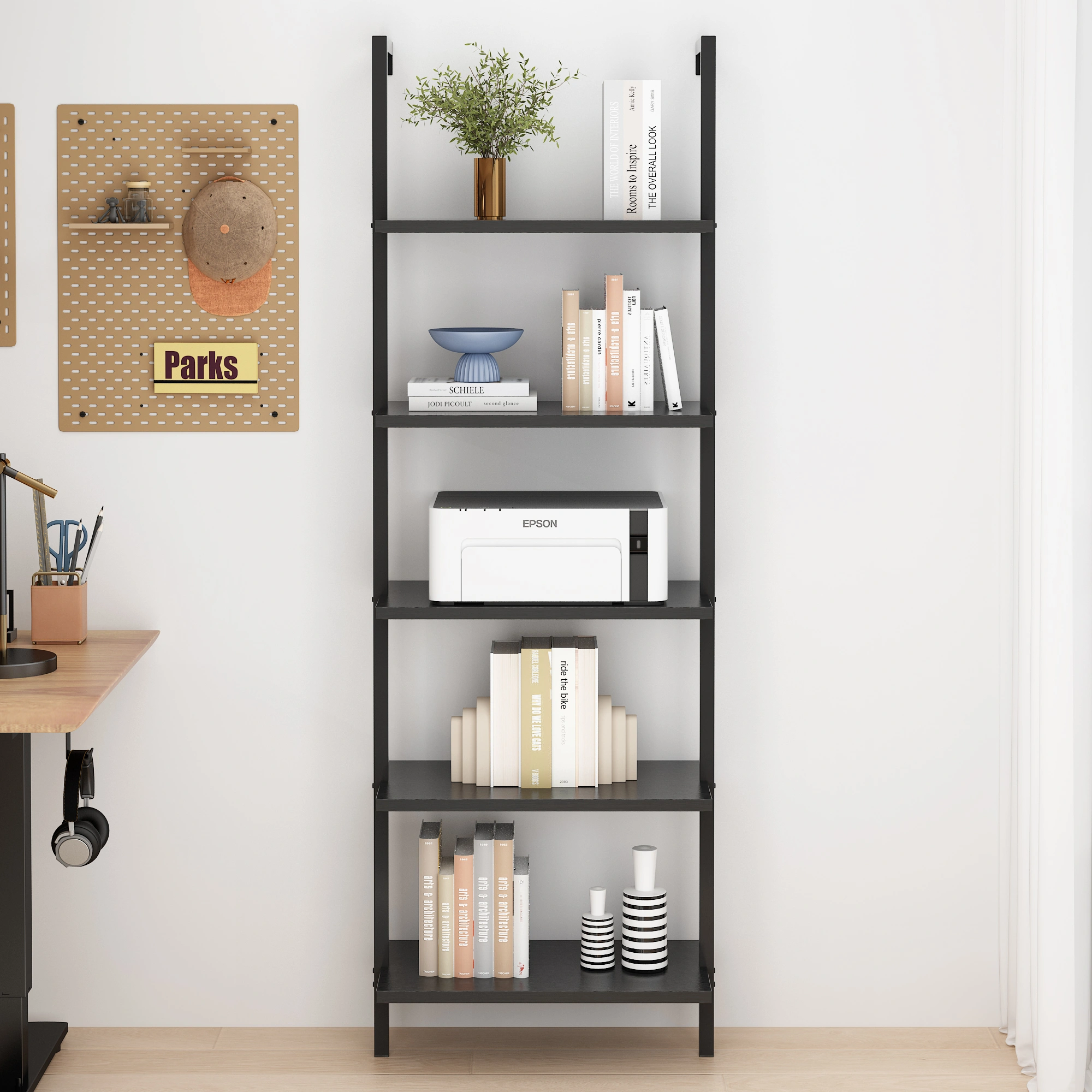 5-layer wall-mounted household steel-wood shelf, density board, iron frame, 61*30.5*182.88cm, black walnut color board, black frame view 15