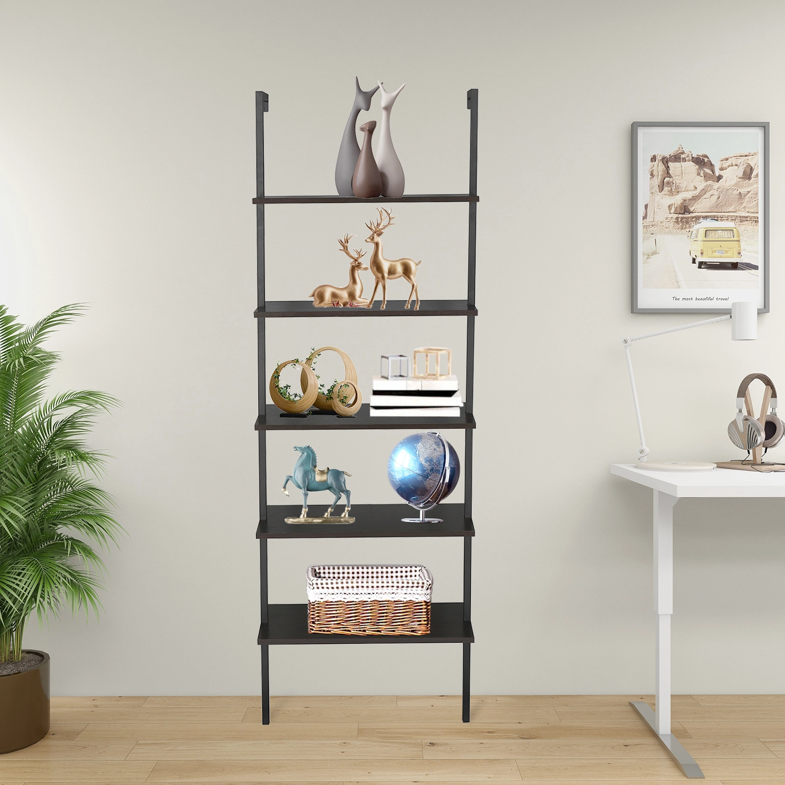 5-layer wall-mounted household steel-wood shelf, density board, iron frame, 61*30.5*182.88cm, black walnut color board, black frame view 3