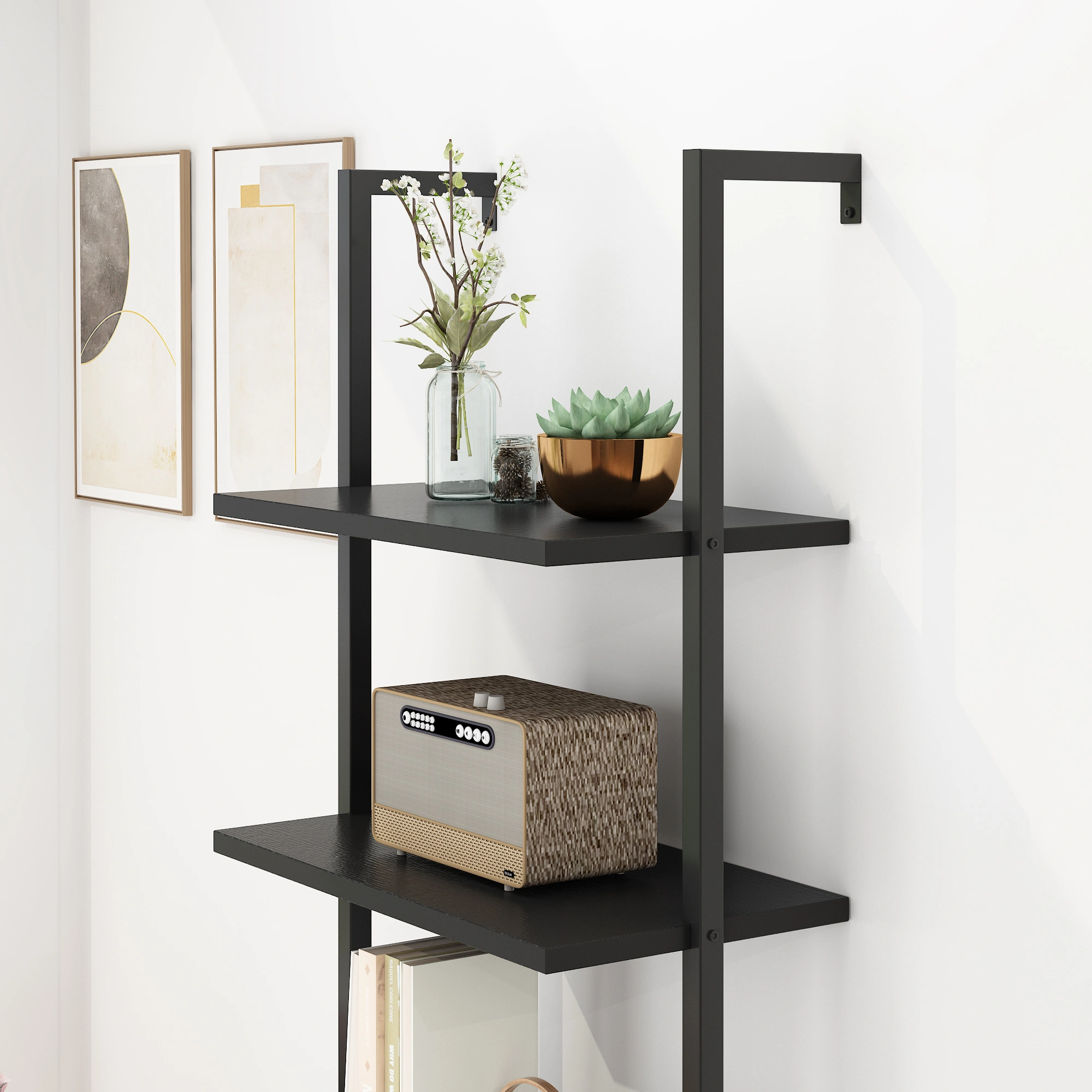 5-layer wall-mounted household steel-wood shelf, density board, iron frame, 61*30.5*182.88cm, black walnut color board, black frame view 9