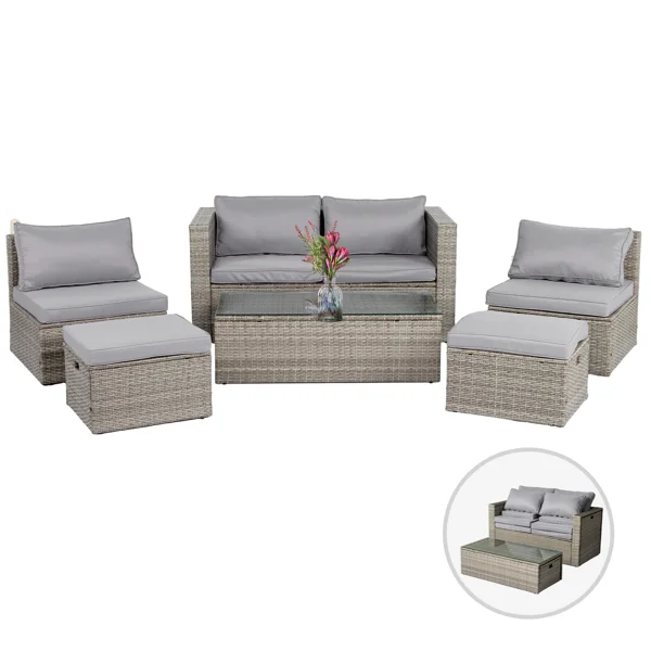 2pcs armless sofa + 2pcs footstool + 1pcs double sofa + 1pcs coffee table with storage, gray gradient rattan, gray cushion, rattan multi-piece set