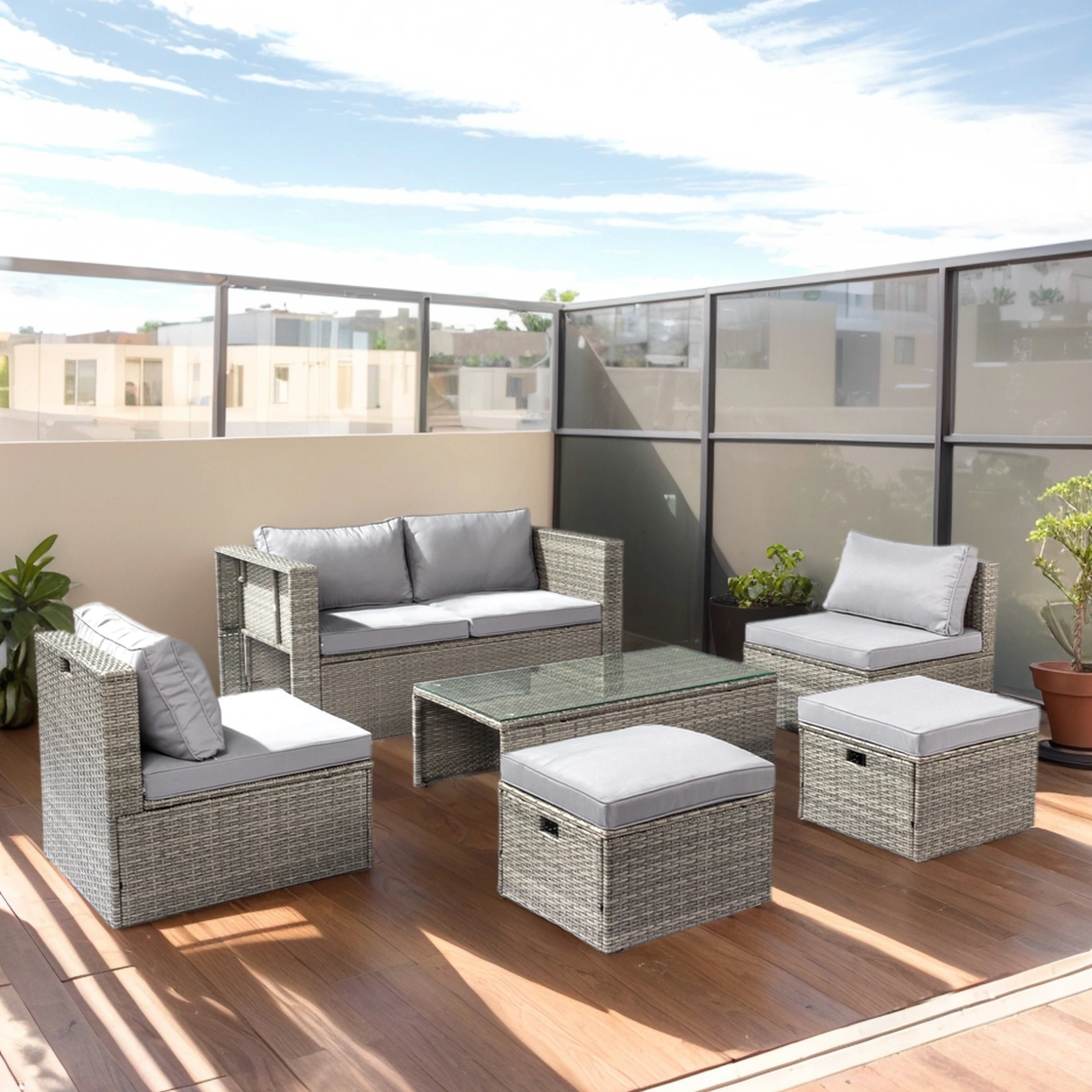 2pcs armless sofa + 2pcs footstool + 1pcs double sofa + 1pcs coffee table with storage, gray gradient rattan, gray cushion, rattan multi-piece set view 2