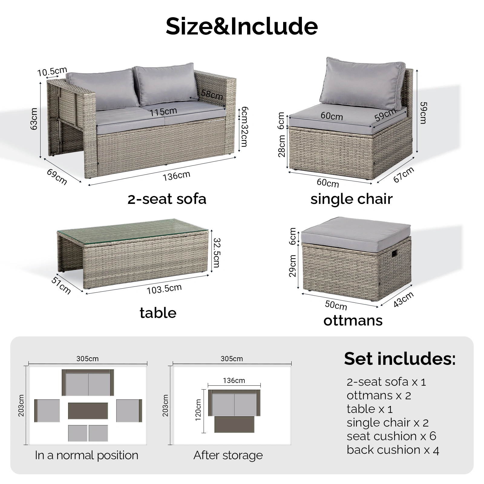 2pcs armless sofa + 2pcs footstool + 1pcs double sofa + 1pcs coffee table with storage, gray gradient rattan, gray cushion, rattan multi-piece set view 3