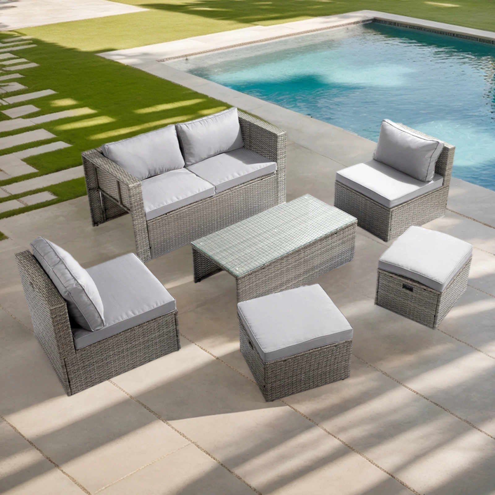 2pcs armless sofa + 2pcs footstool + 1pcs double sofa + 1pcs coffee table with storage, gray gradient rattan, gray cushion, rattan multi-piece set view 5