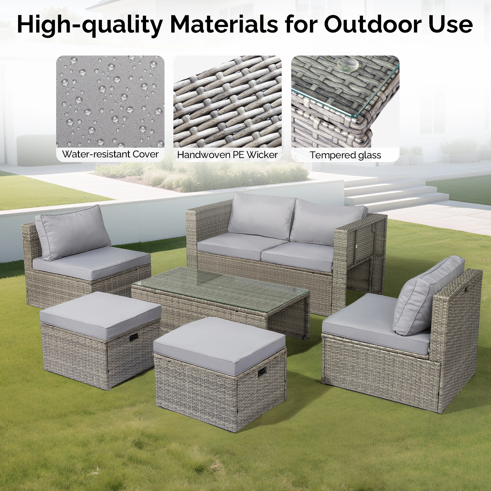 2pcs armless sofa + 2pcs footstool + 1pcs double sofa + 1pcs coffee table with storage, gray gradient rattan, gray cushion, rattan multi-piece set view 6