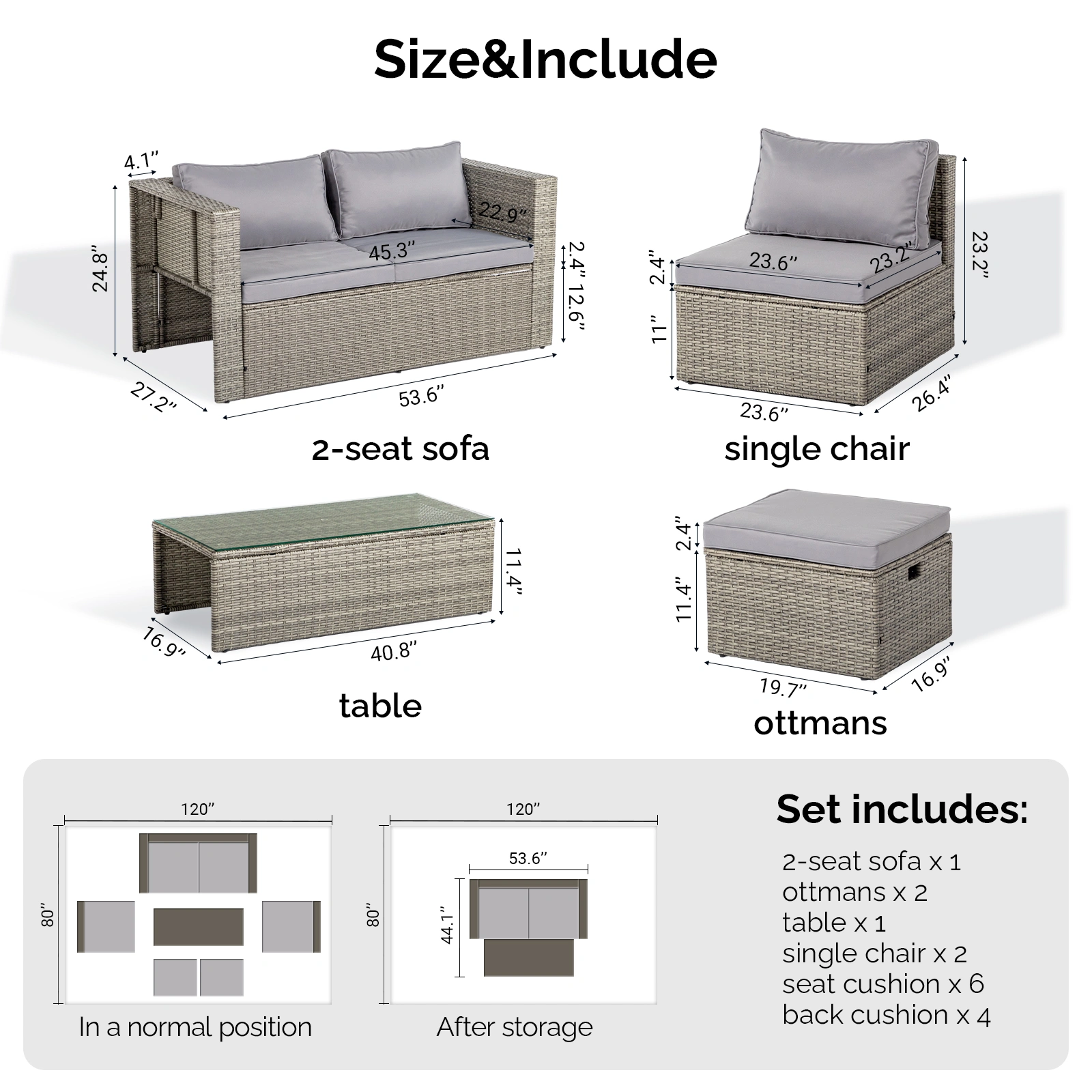 2pcs armless sofa + 2pcs footstool + 1pcs double sofa + 1pcs coffee table with storage, gray gradient rattan, gray cushion, rattan multi-piece set view 8