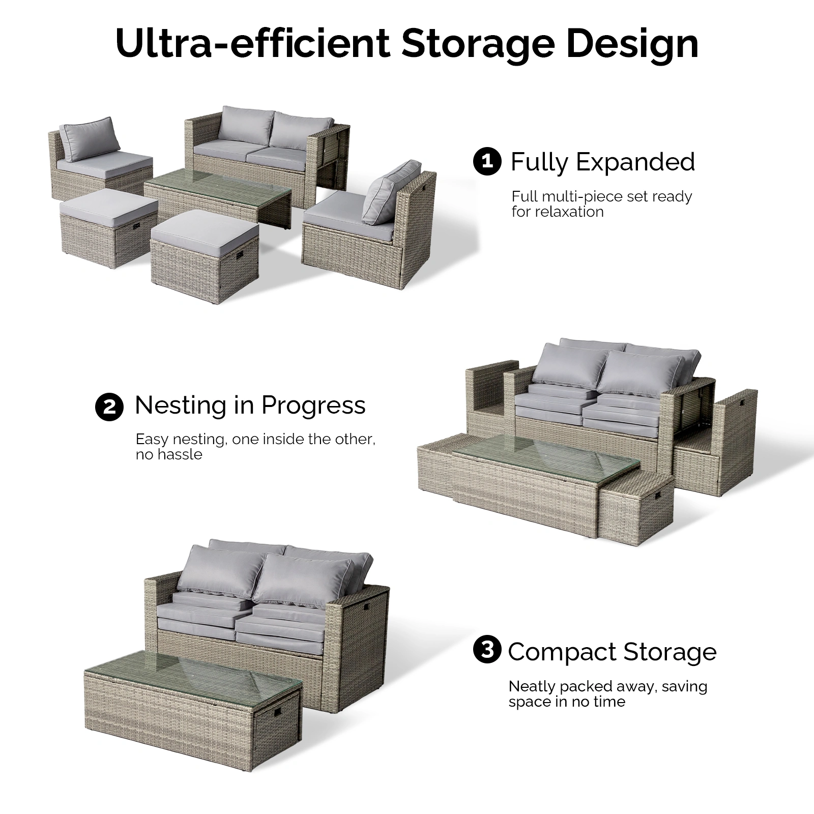 2pcs armless sofa + 2pcs footstool + 1pcs double sofa + 1pcs coffee table with storage, gray gradient rattan, gray cushion, rattan multi-piece set view 9
