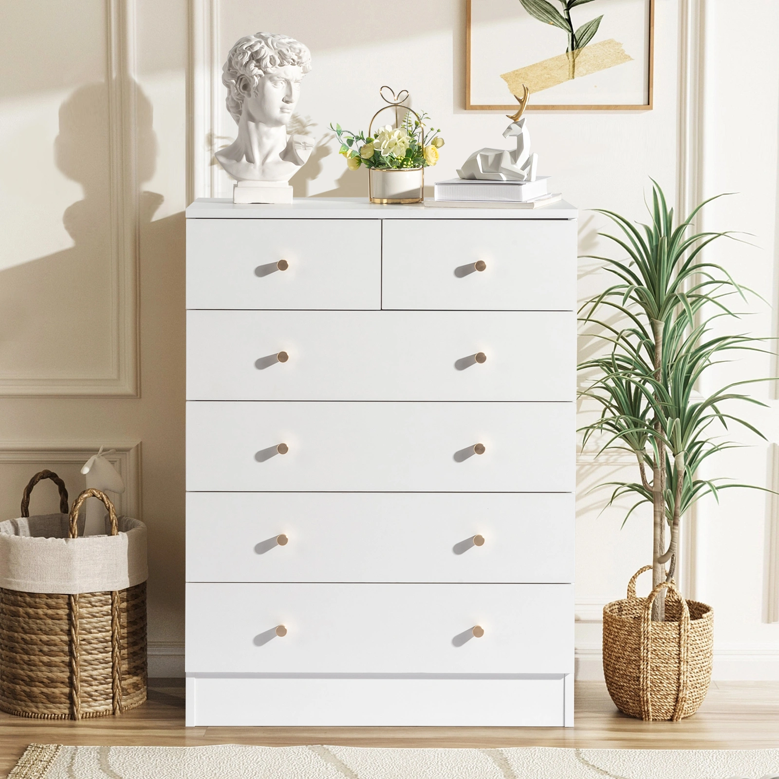 Modern 6-Drawer Dresser Cabinet, Simple White Bedroom Storage Console with Smooth Glide Drawers