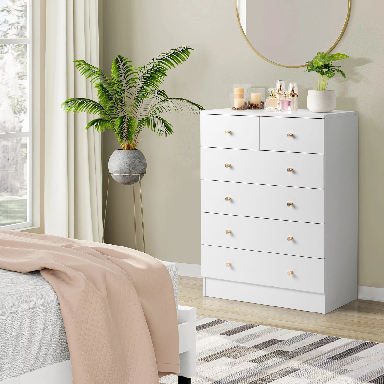 Modern 6-Drawer Dresser Cabinet, Simple White Bedroom Storage Console with Smooth Glide Drawers view 2
