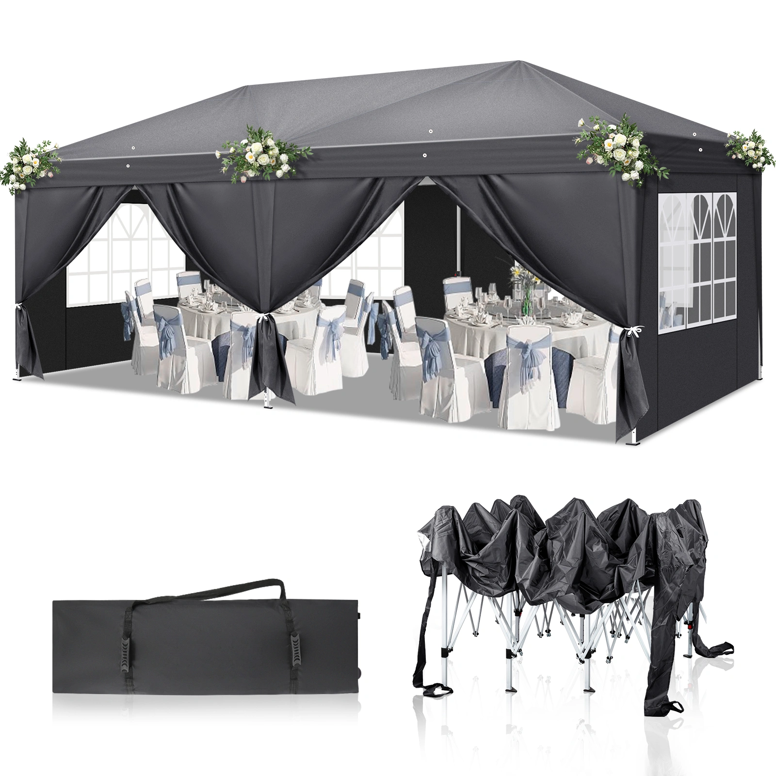 10'x20' Pop Up Canopy Tent, 210D Oxford Instant Gazebo w/ 6 Removable Sidewalls & 4 Windows, Powder Coated Iron Frame, Carry Bag, Dark Gray for Outdoor Patio Wedding Party Shelter view 4