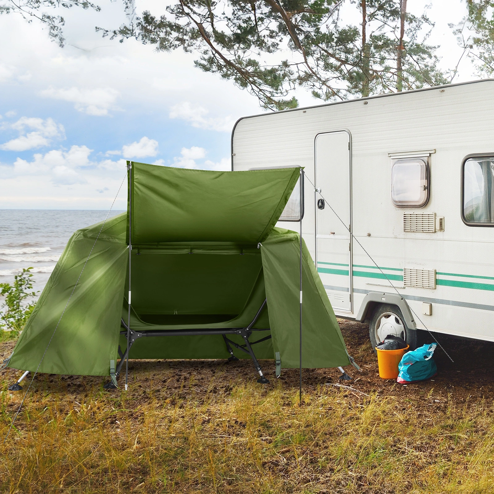 Collapsible camping tent with an integrated cot view 25