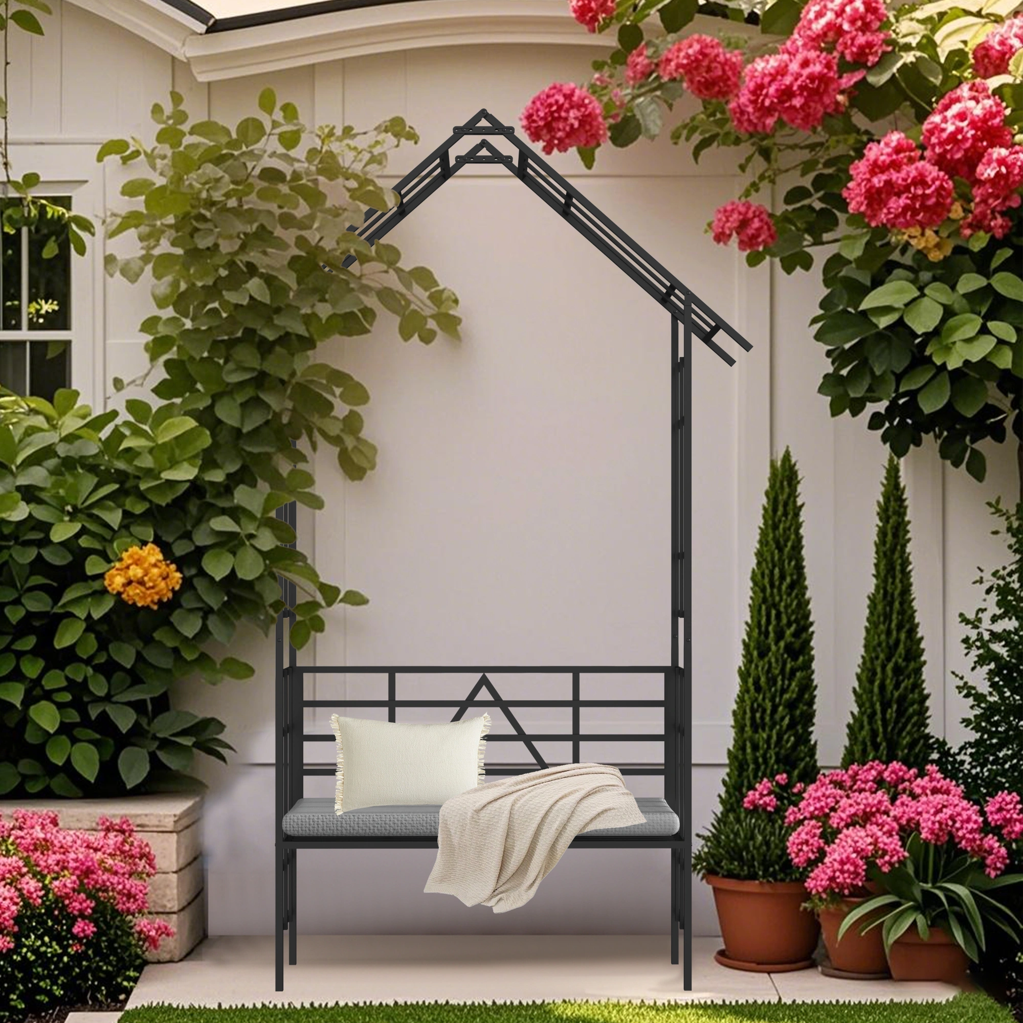 Metal Garden Arch with Bench, Black Flower Stand & Climbing Plant Support, Rose Arch for Outdoor, W58.07 x H97.24 Inch view 12