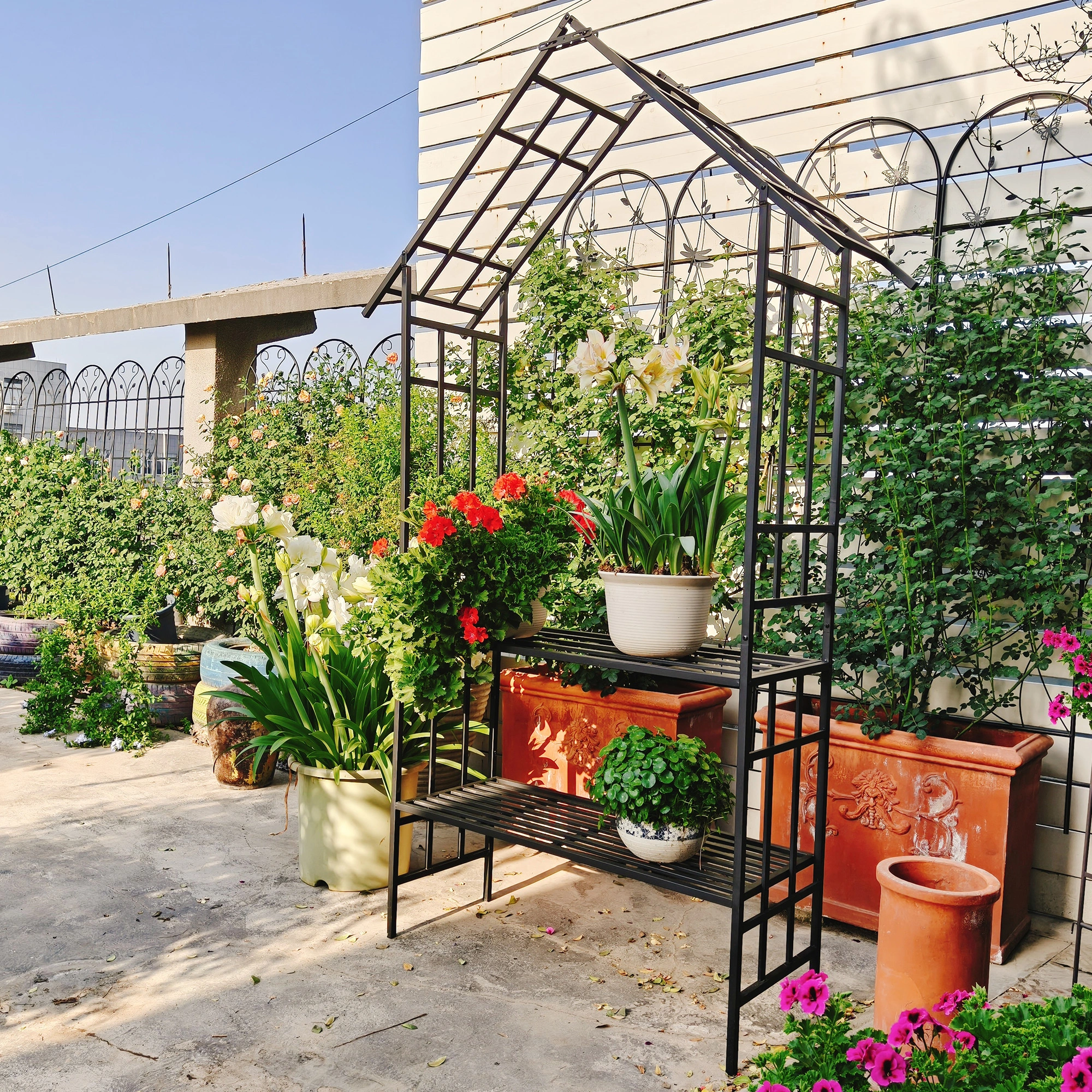 Metal Garden Arch with Bench, Black Flower Stand & Climbing Plant Support, Rose Arch for Outdoor, W58.07 x H97.24 Inch view 17