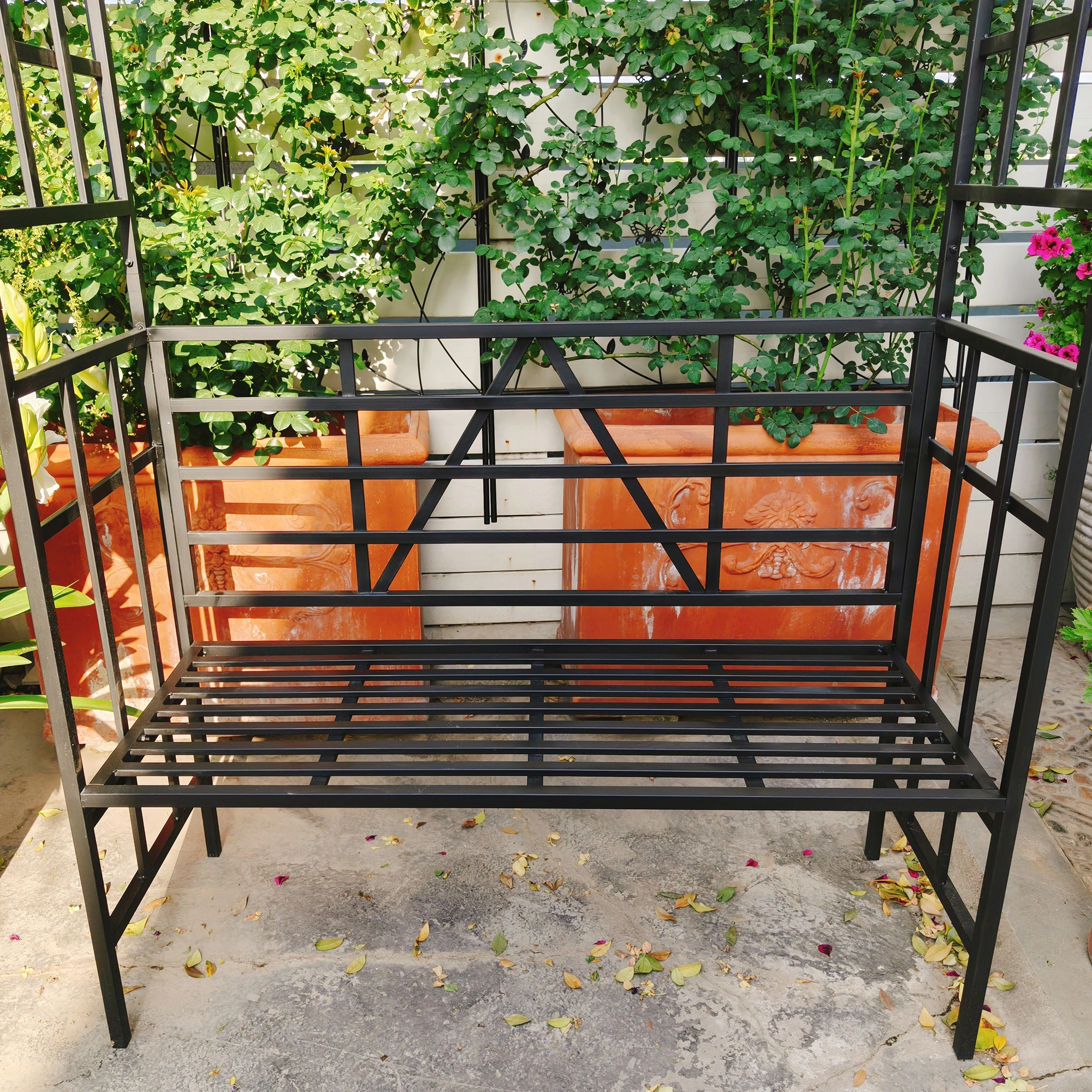 Metal Garden Arch with Bench, Black Flower Stand & Climbing Plant Support, Rose Arch for Outdoor, W58.07 x H97.24 Inch view 18