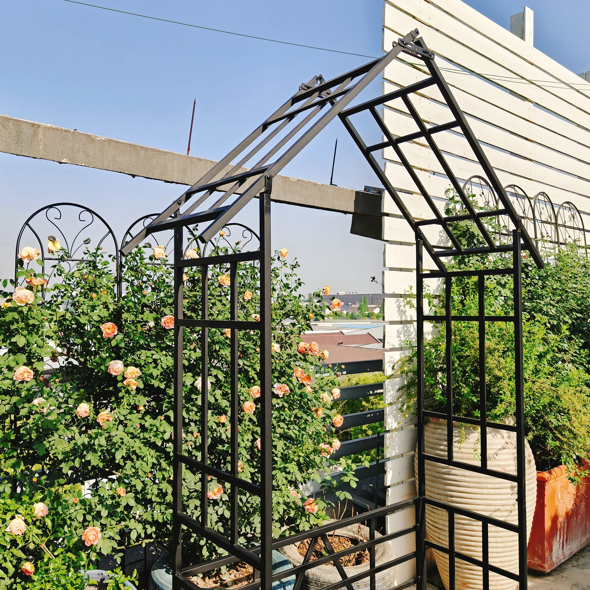 Metal Garden Arch with Bench, Black Flower Stand & Climbing Plant Support, Rose Arch for Outdoor, W58.07 x H97.24 Inch view 19
