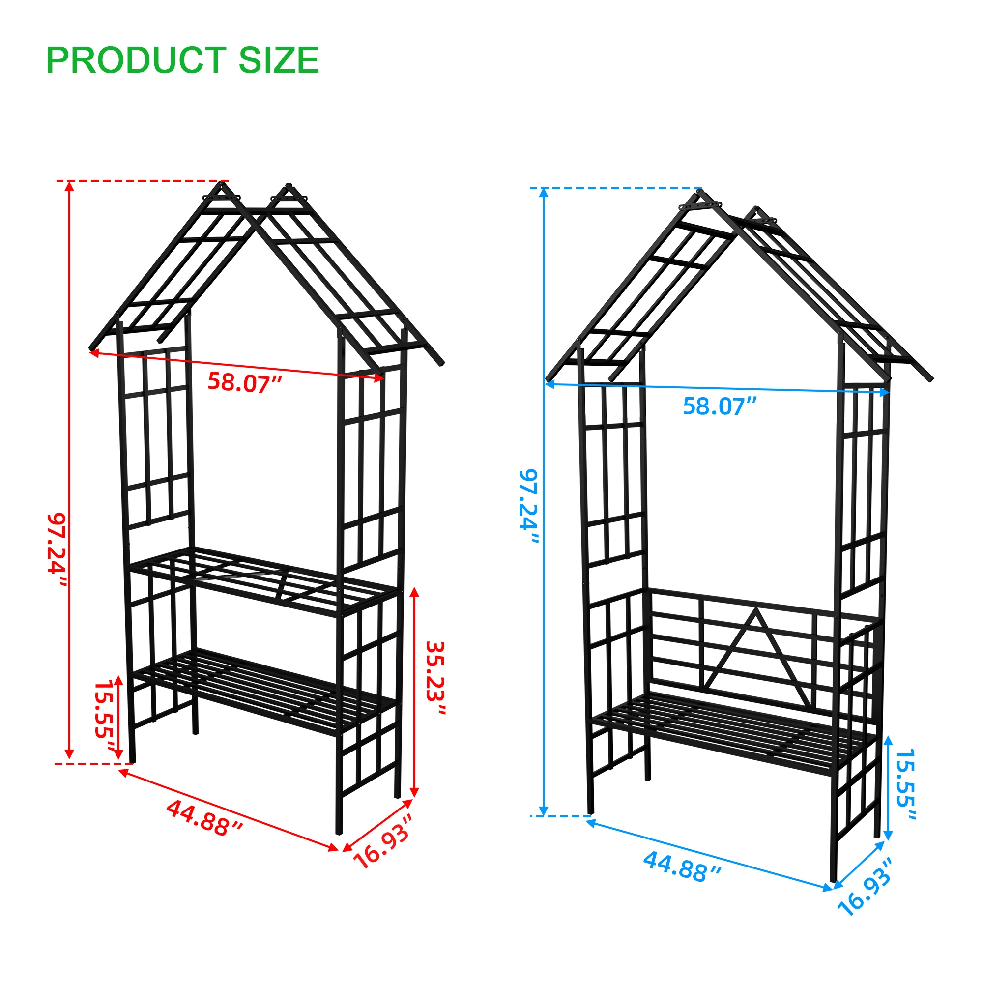 Metal Garden Arch with Bench, Black Flower Stand & Climbing Plant Support, Rose Arch for Outdoor, W58.07 x H97.24 Inch view 4