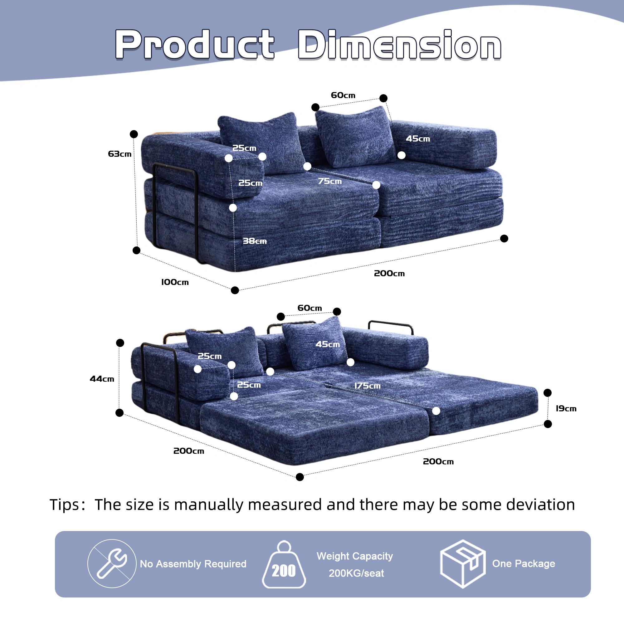 Compression Sofa,Convertible Floor Sofa Bed with Fixed-Shape Frame, Loveseats Boneless Modular Sectional Sofa,No Assembly Required,Chenille fabric,for Living Room Bedroom,Dark Blue view 3