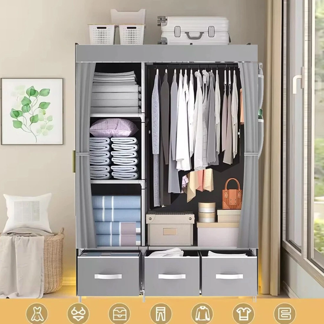 Large Fabric Canvas Wardrobe with Hanging Rail & Shelves, Portable Clothing Storage Closet Organizer view 2