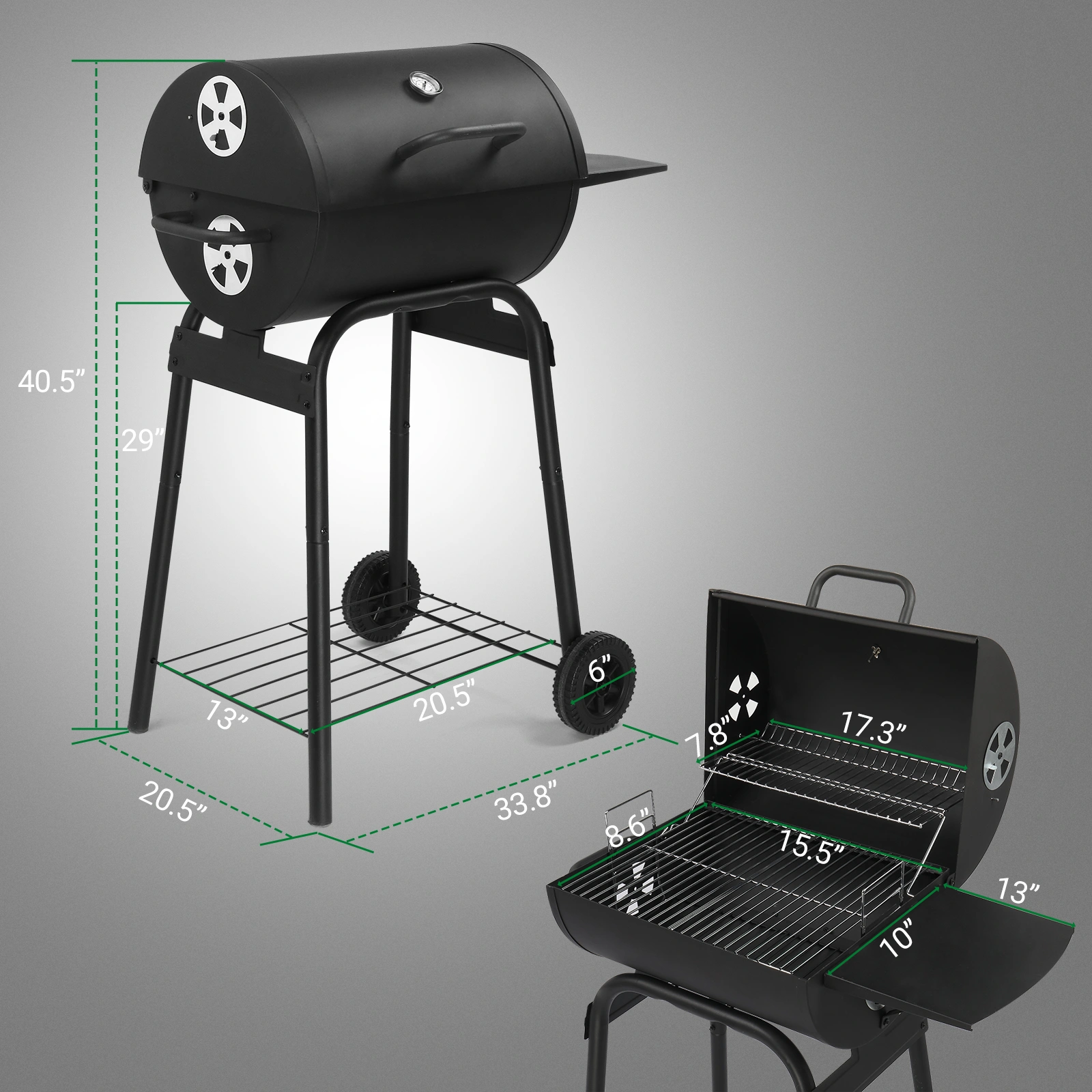 Charcoal Grills Outdoor BBQ Grill, Barrel Charcoal Grill with Side Table and Wheels, for Outdoor Backyard Camping Picnics Patio and Parties view 10
