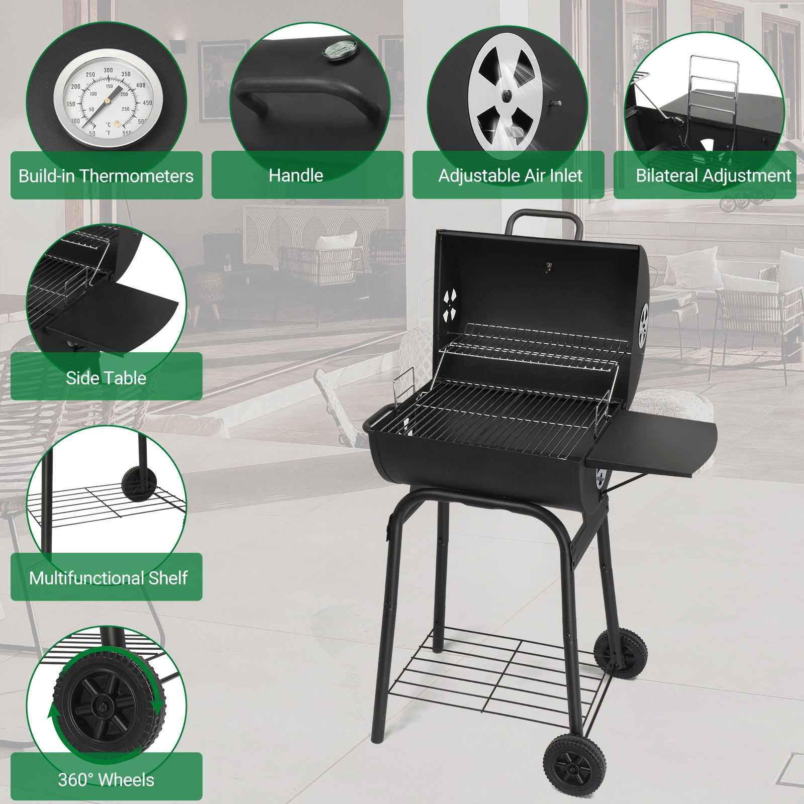 Charcoal Grills Outdoor BBQ Grill, Barrel Charcoal Grill with Side Table and Wheels, for Outdoor Backyard Camping Picnics Patio and Parties view 11