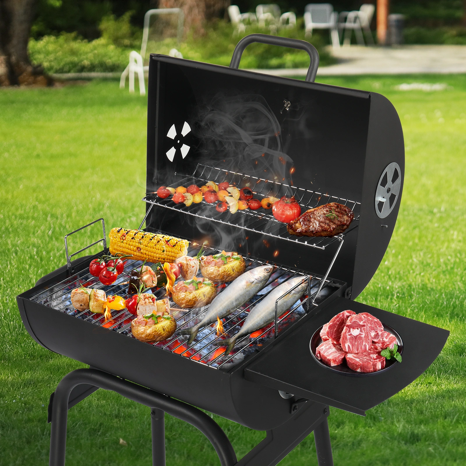 Charcoal Grills Outdoor BBQ Grill, Barrel Charcoal Grill with Side Table and Wheels, for Outdoor Backyard Camping Picnics Patio and Parties view 13