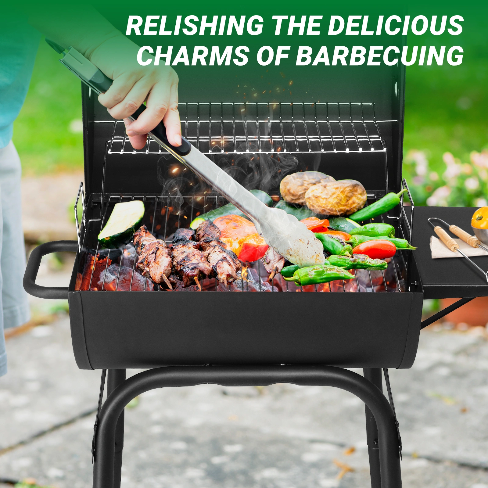 Charcoal Grills Outdoor BBQ Grill, Barrel Charcoal Grill with Side Table and Wheels, for Outdoor Backyard Camping Picnics Patio and Parties view 14
