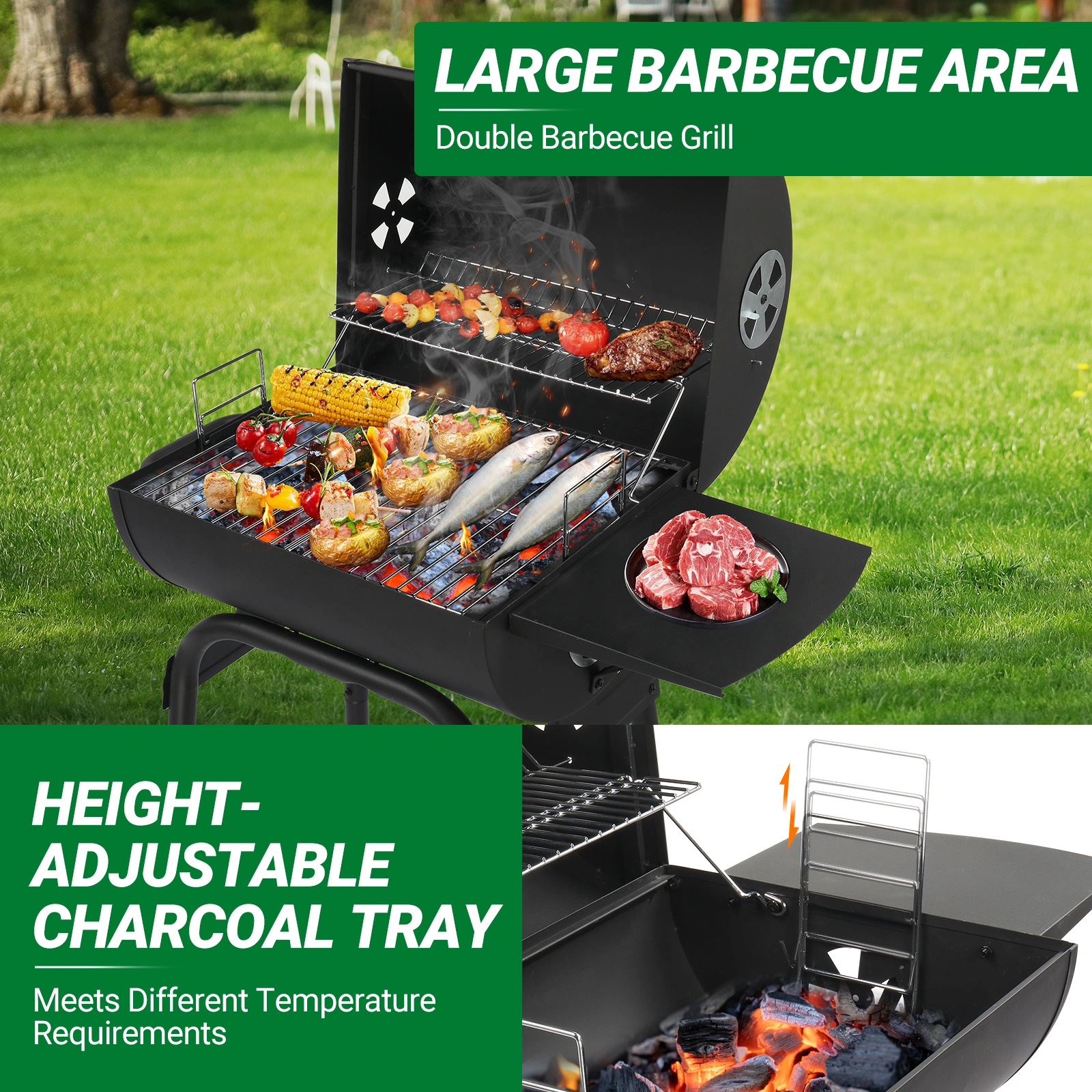 Charcoal Grills Outdoor BBQ Grill, Barrel Charcoal Grill with Side Table and Wheels, for Outdoor Backyard Camping Picnics Patio and Parties view 16